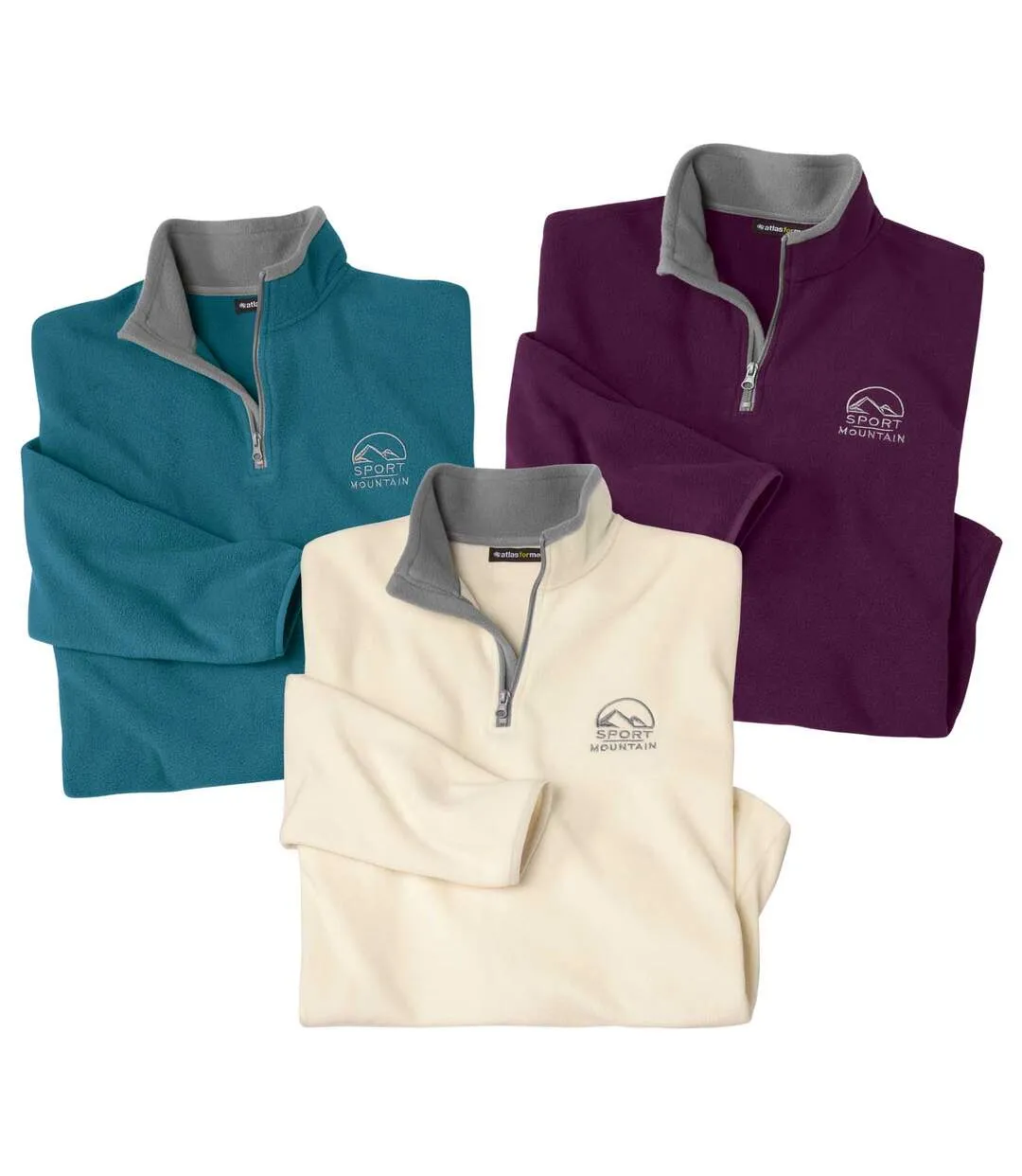 3-Pack Men's Sporty Microfleece Sweaters in Blue, Ecru, and Plum