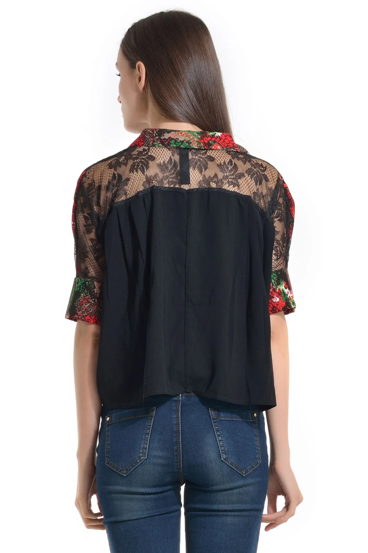 Lace Yoke Printed Shirt