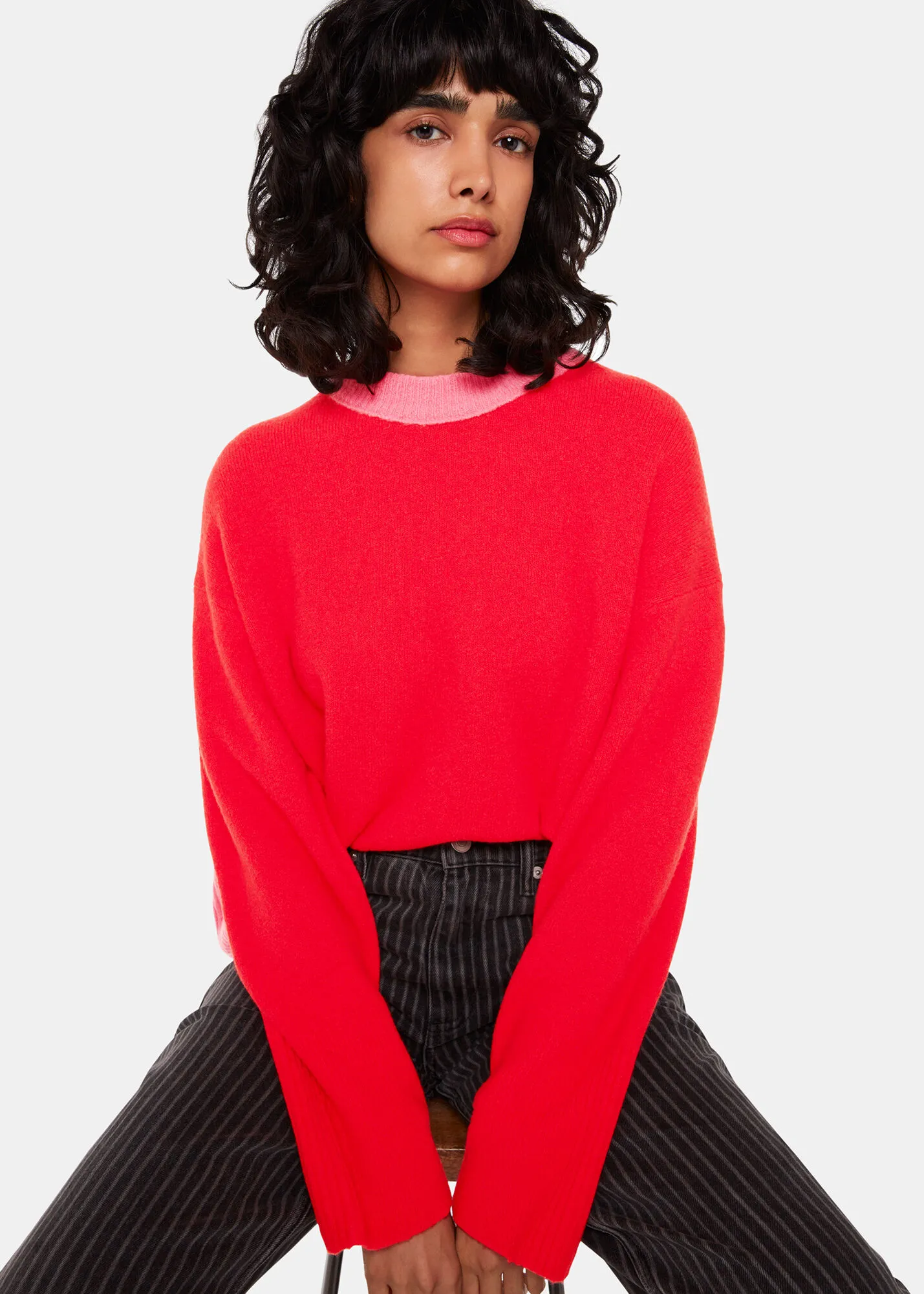 Red Colour block Crew Neck Knit