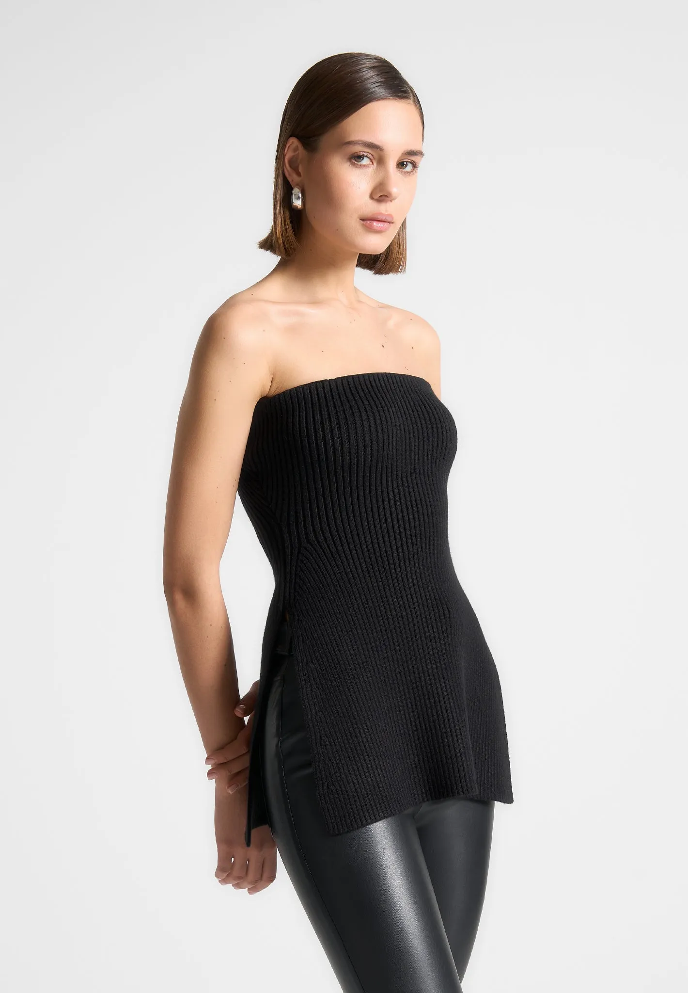 Rib Knit Longline Bandeau Top - Black