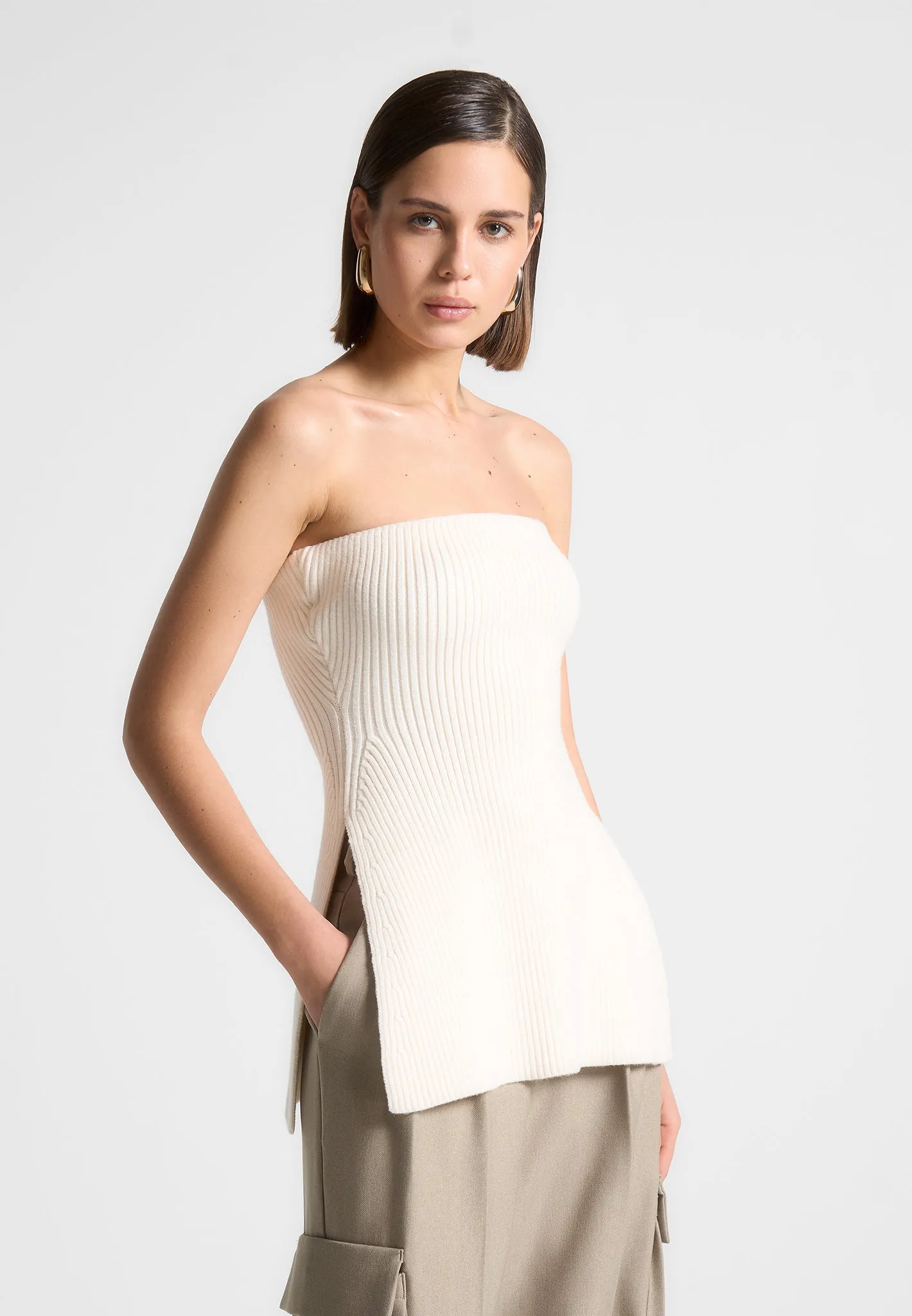 Rib Knit Longline Bandeau Top - Off White