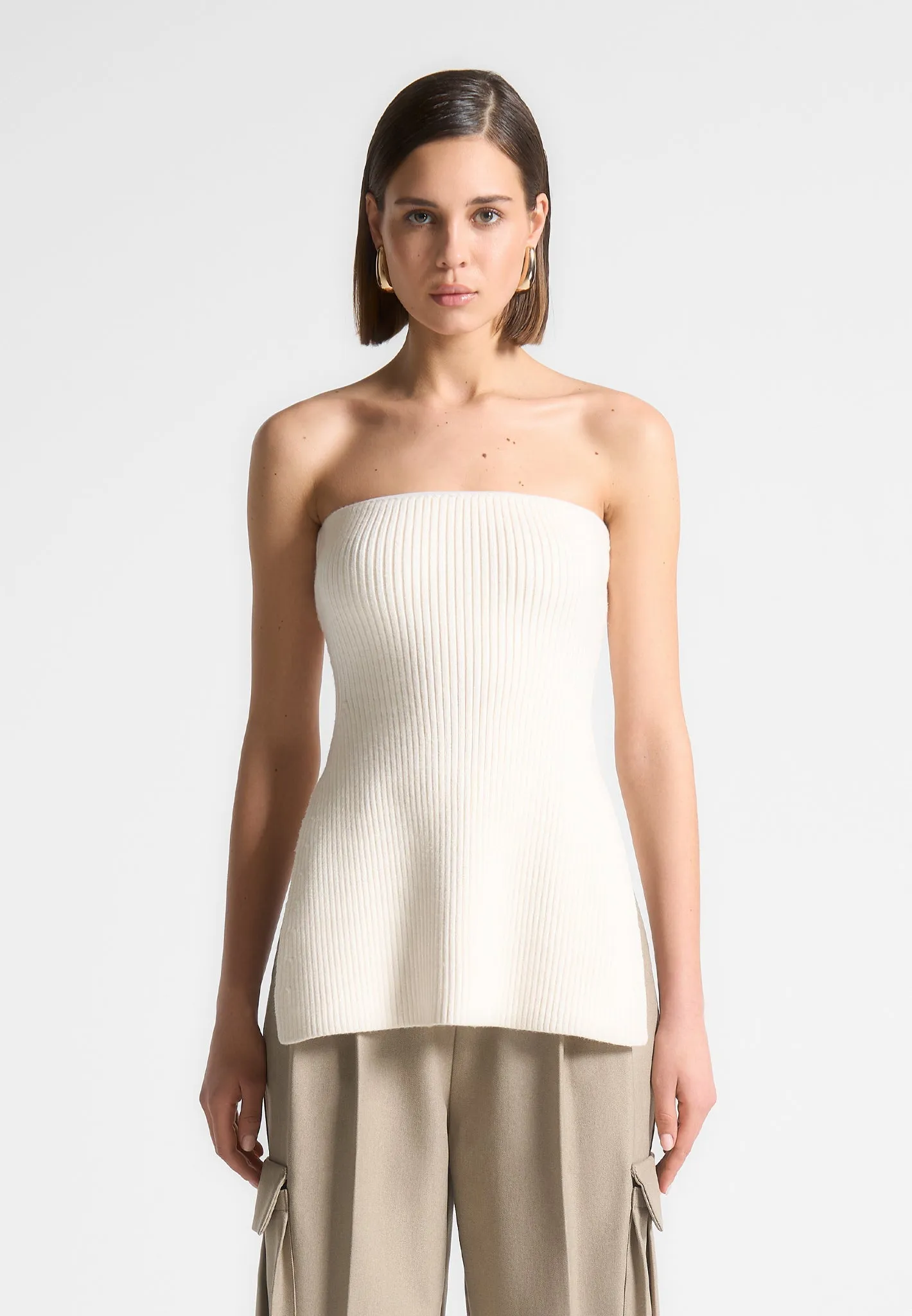 Rib Knit Longline Bandeau Top - Off White