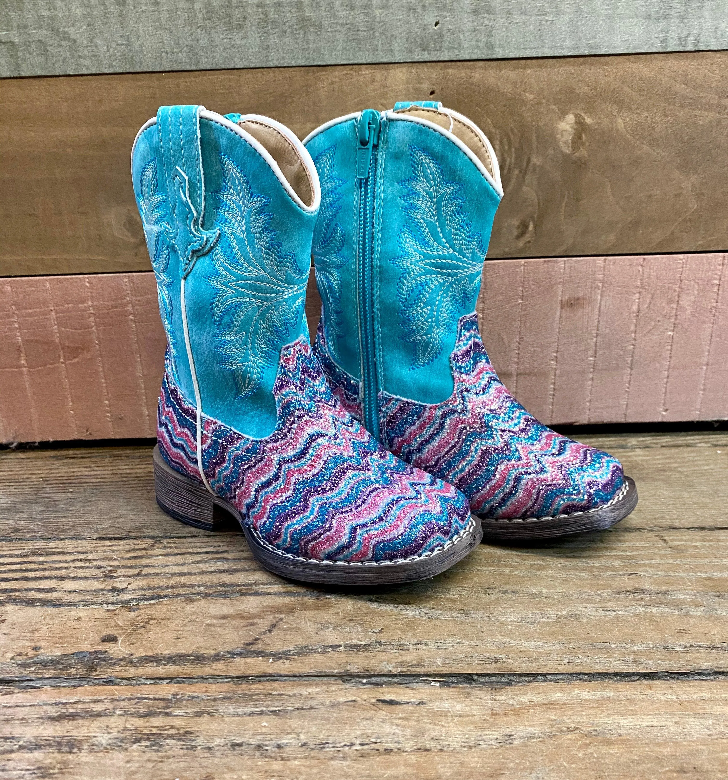 Roper Girls Aztec Glitter Cowgirl Boots, Square Toe - Sizes for Infants, Toddlers, and Children 0191-9523