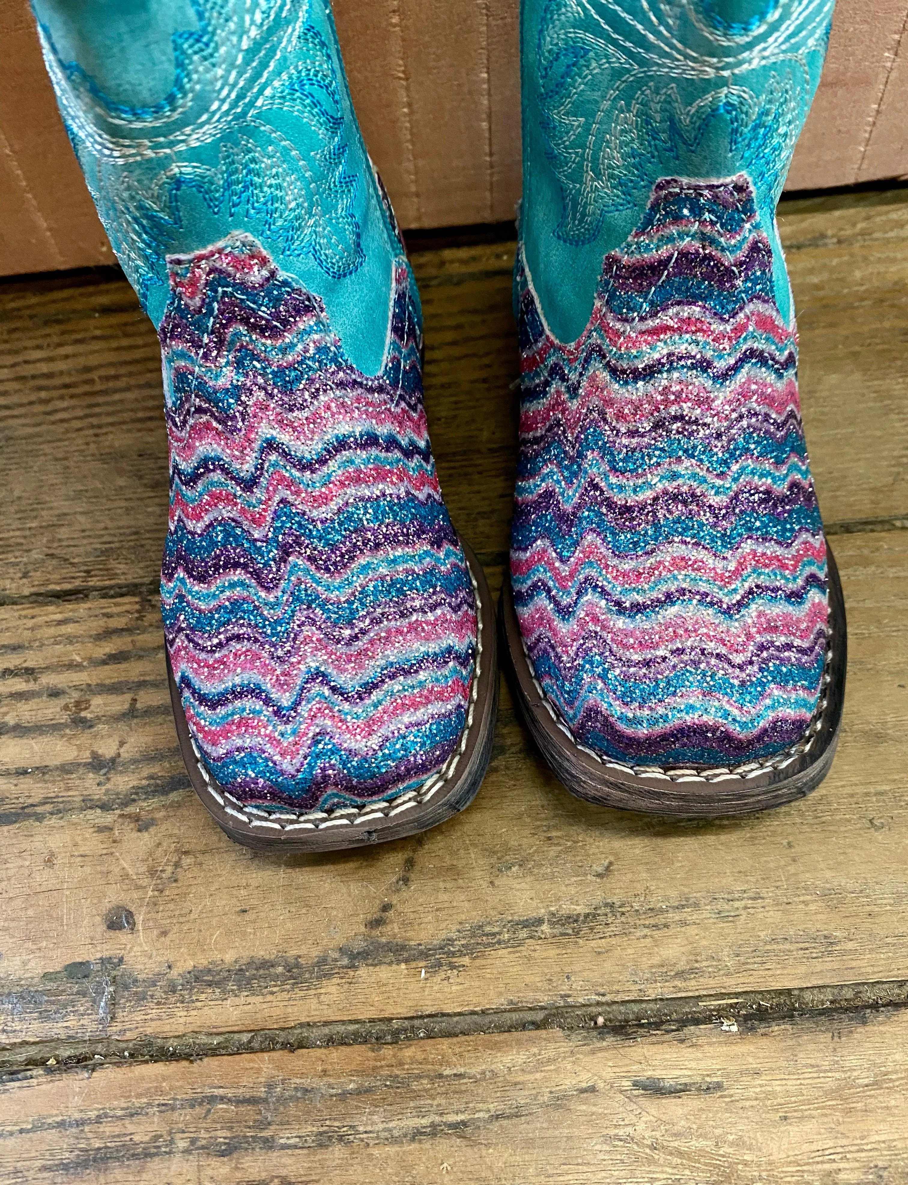 Roper Girls Aztec Glitter Cowgirl Boots, Square Toe - Sizes for Infants, Toddlers, and Children 0191-9523