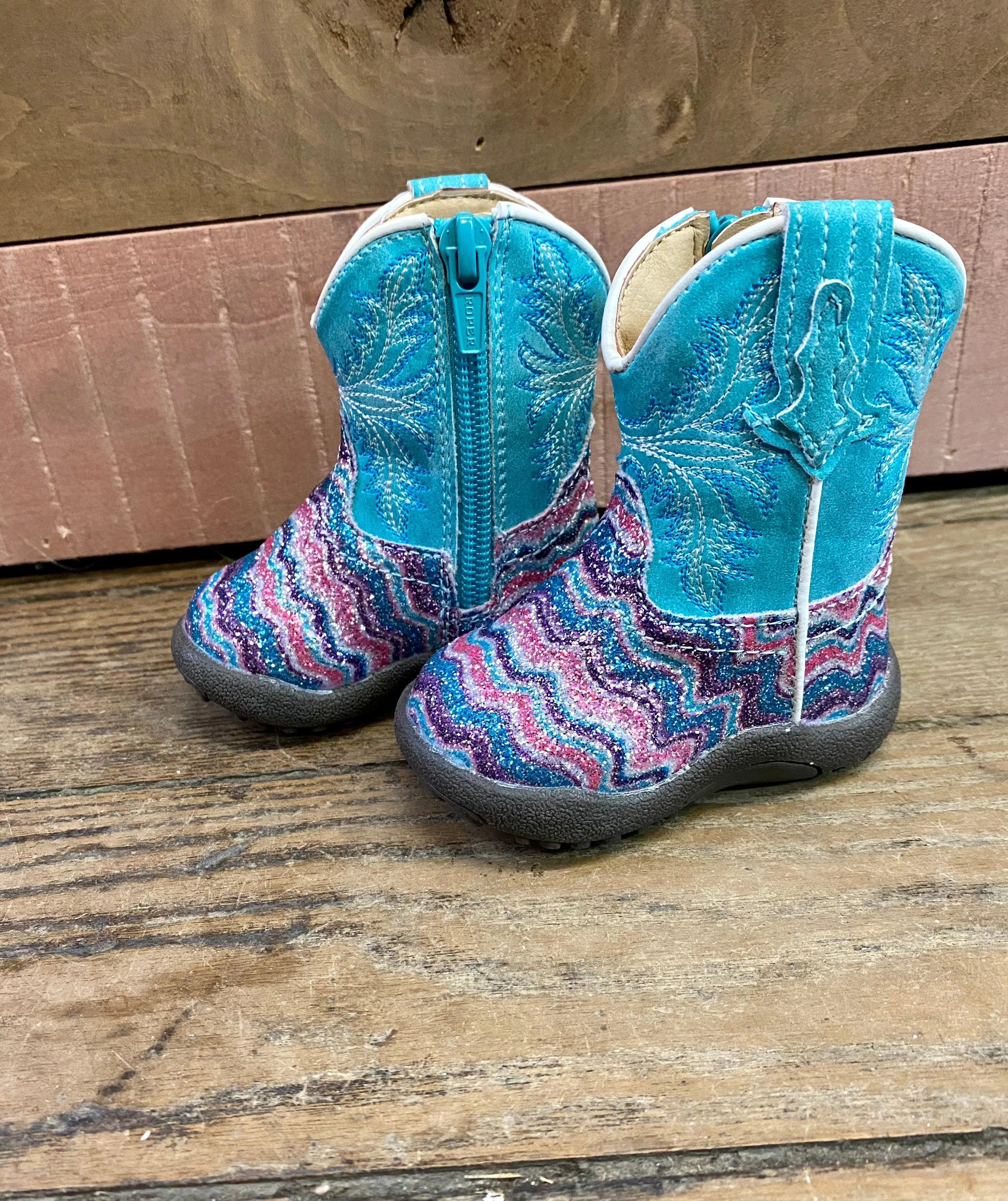 Roper Girls Aztec Glitter Cowgirl Boots, Square Toe - Sizes for Infants, Toddlers, and Children 0191-9523