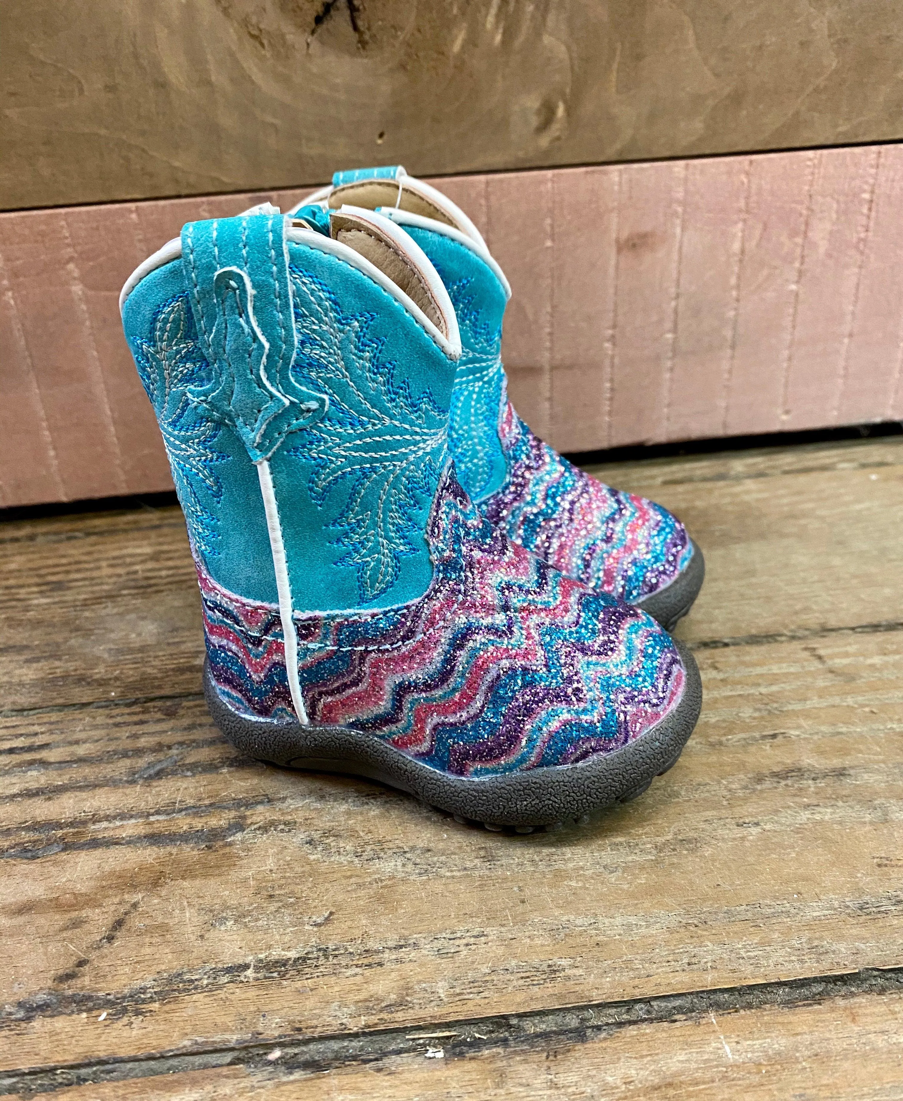 Roper Girls Aztec Glitter Cowgirl Boots, Square Toe - Sizes for Infants, Toddlers, and Children 0191-9523