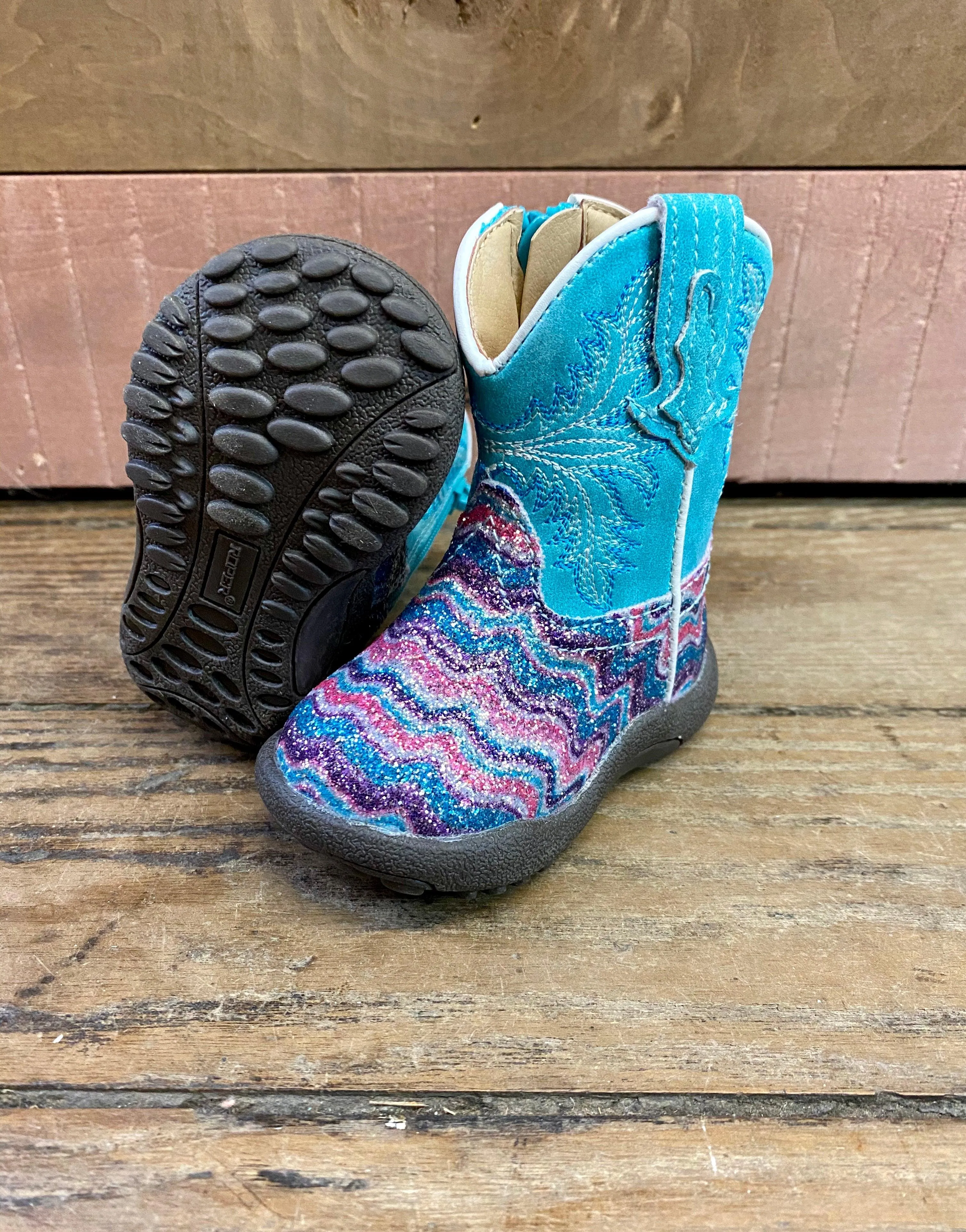 Roper Girls Aztec Glitter Cowgirl Boots, Square Toe - Sizes for Infants, Toddlers, and Children 0191-9523