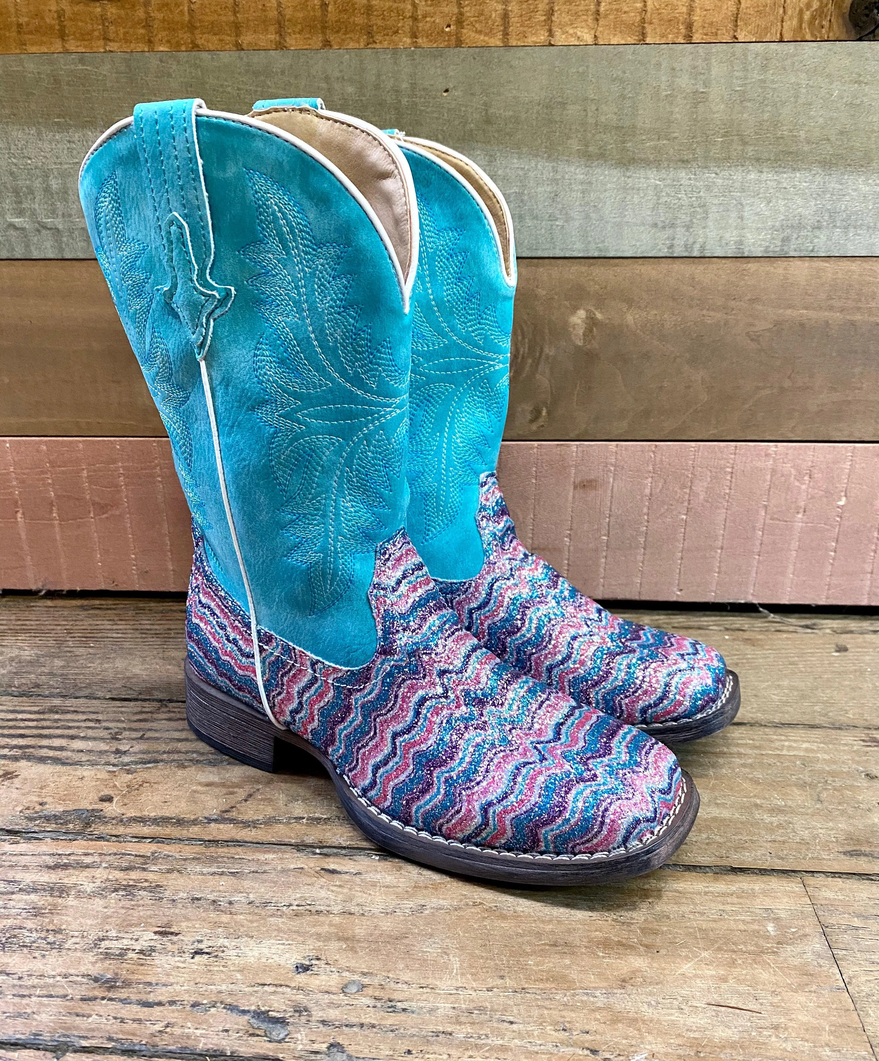 Roper Girls Aztec Glitter Cowgirl Boots, Square Toe - Sizes for Infants, Toddlers, and Children 0191-9523