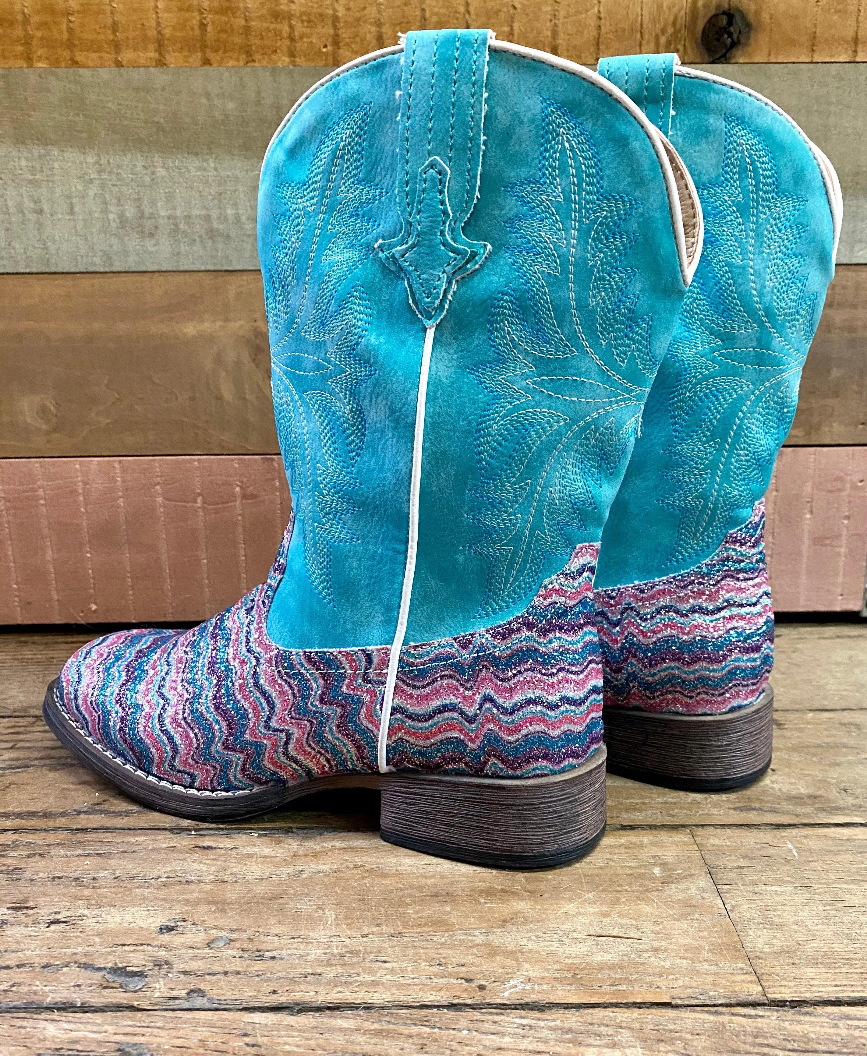 Roper Girls Aztec Glitter Cowgirl Boots, Square Toe - Sizes for Infants, Toddlers, and Children 0191-9523