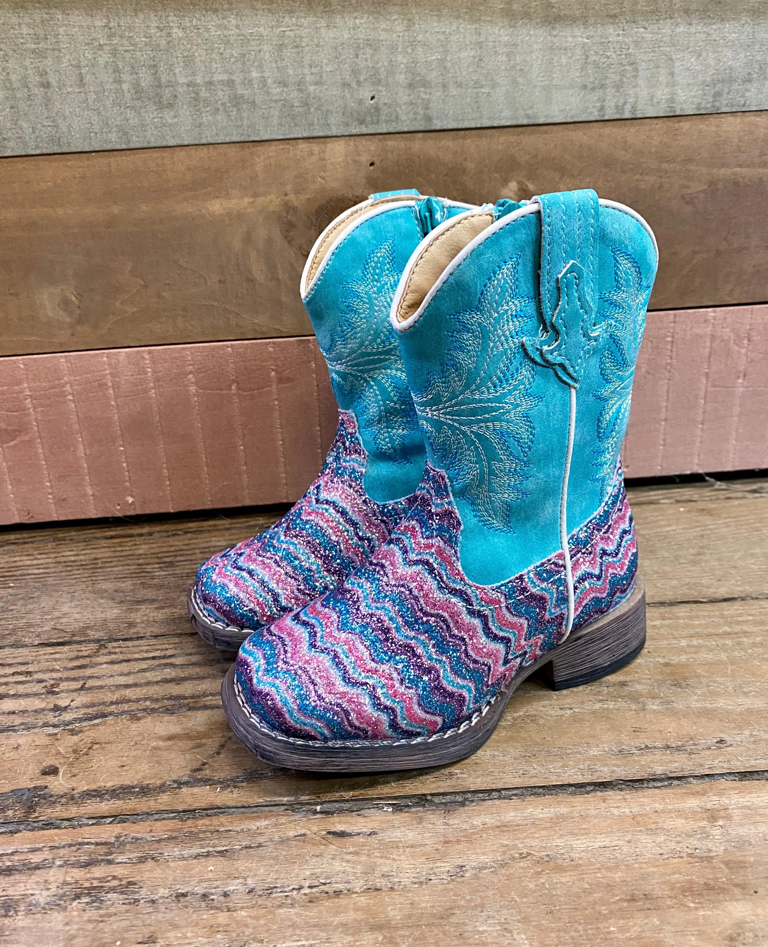 Roper Girls Aztec Glitter Cowgirl Boots, Square Toe - Sizes for Infants, Toddlers, and Children 0191-9523