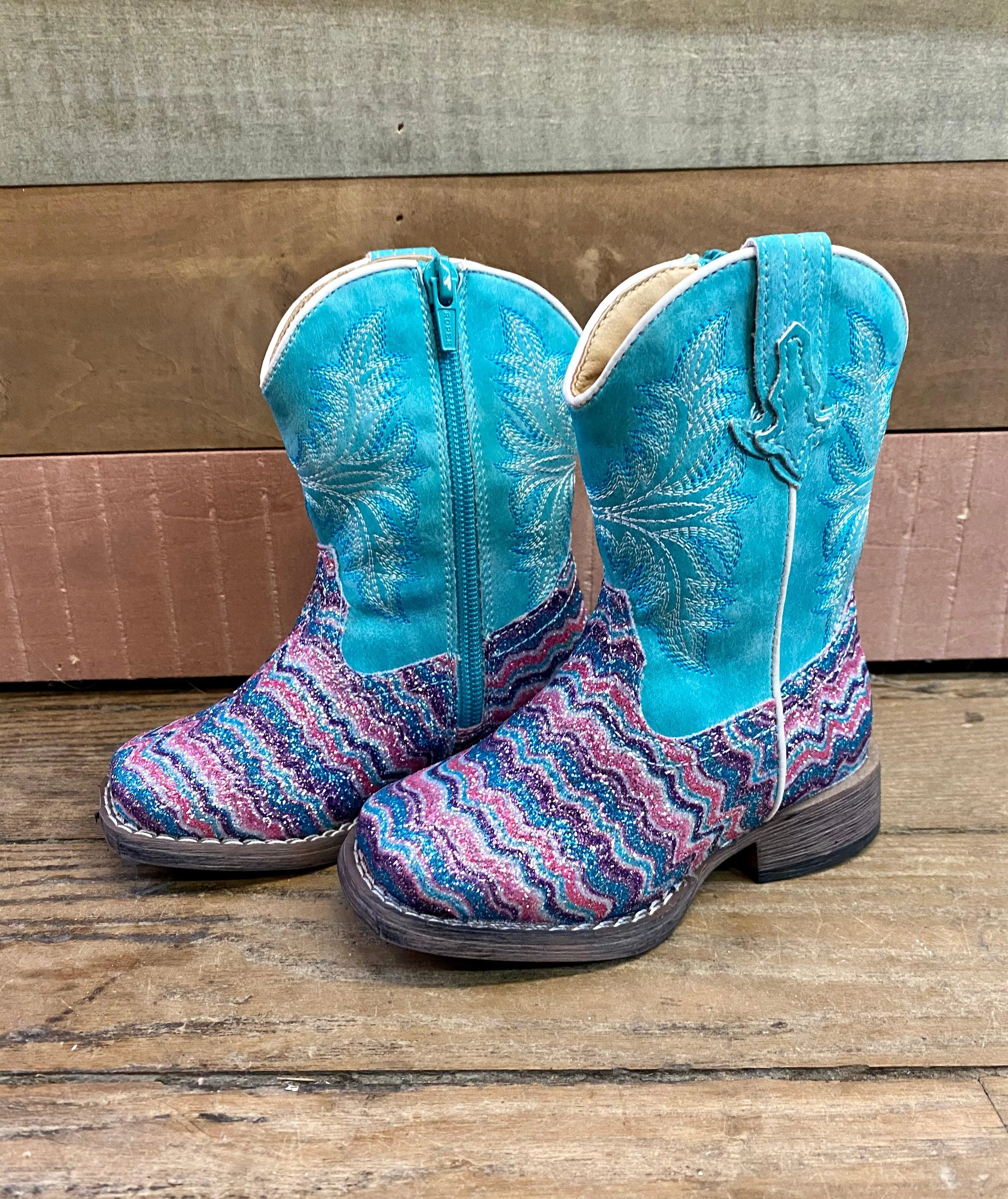 Roper Girls Aztec Glitter Cowgirl Boots, Square Toe - Sizes for Infants, Toddlers, and Children 0191-9523