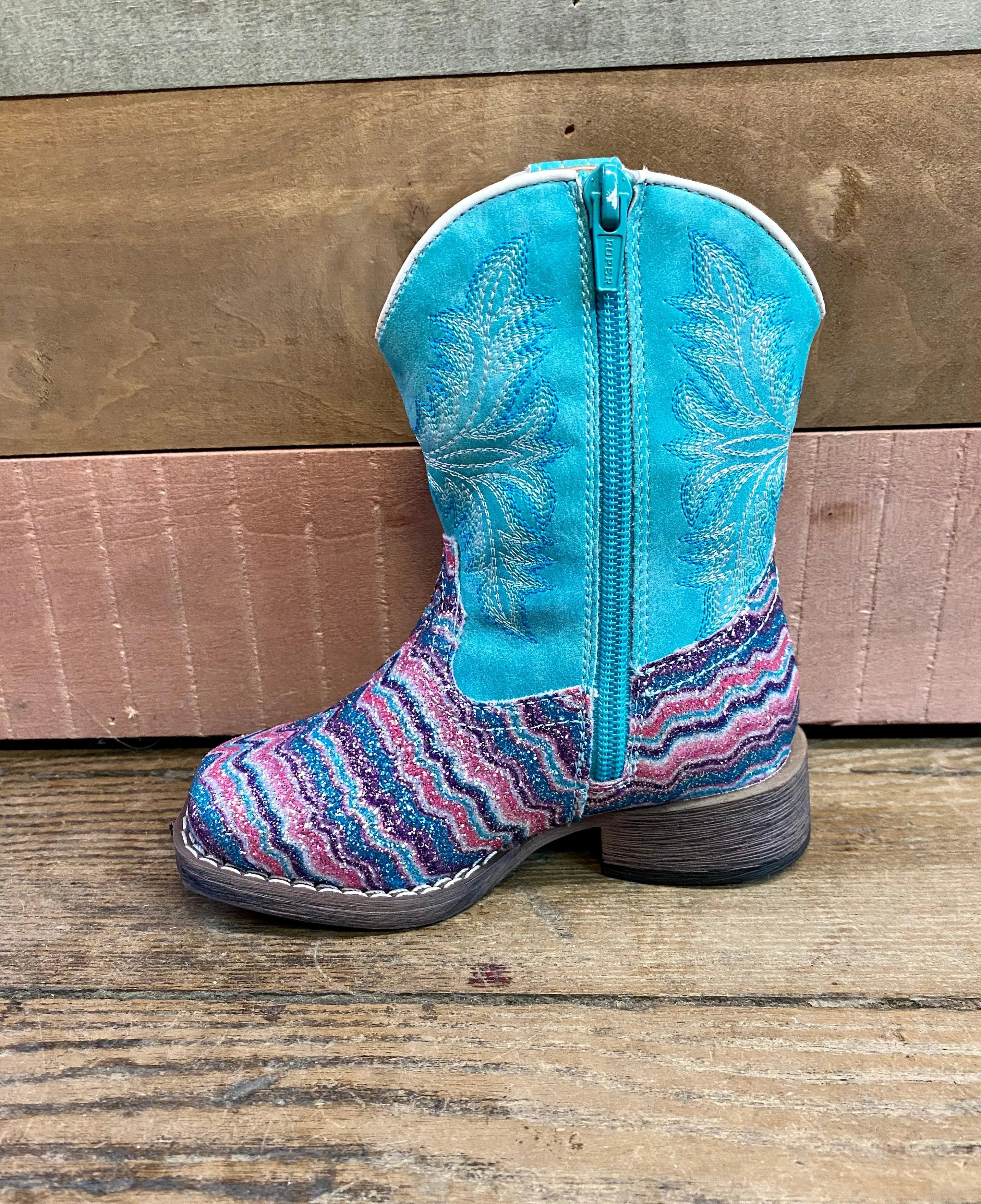 Roper Girls Aztec Glitter Cowgirl Boots, Square Toe - Sizes for Infants, Toddlers, and Children 0191-9523