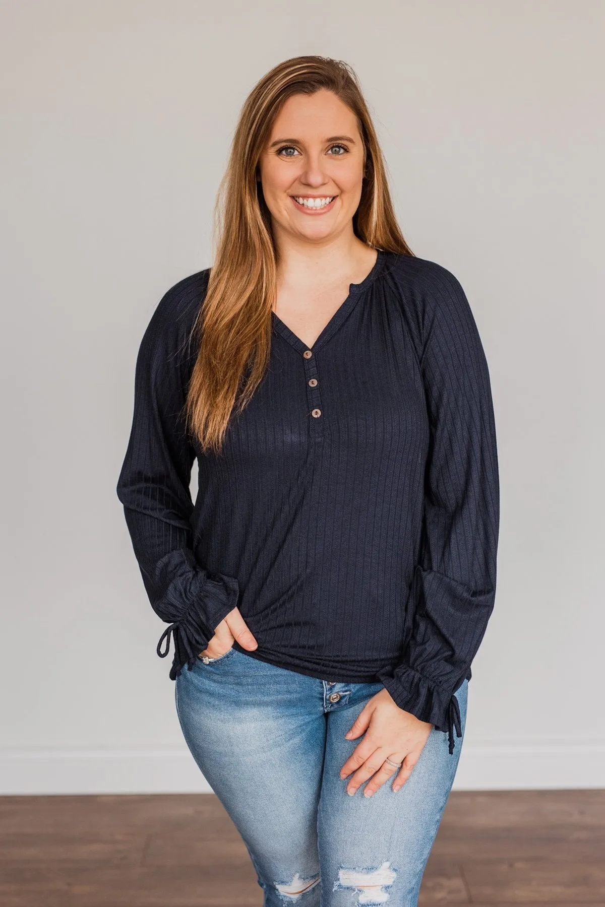 Buttoned Navy Knit Top