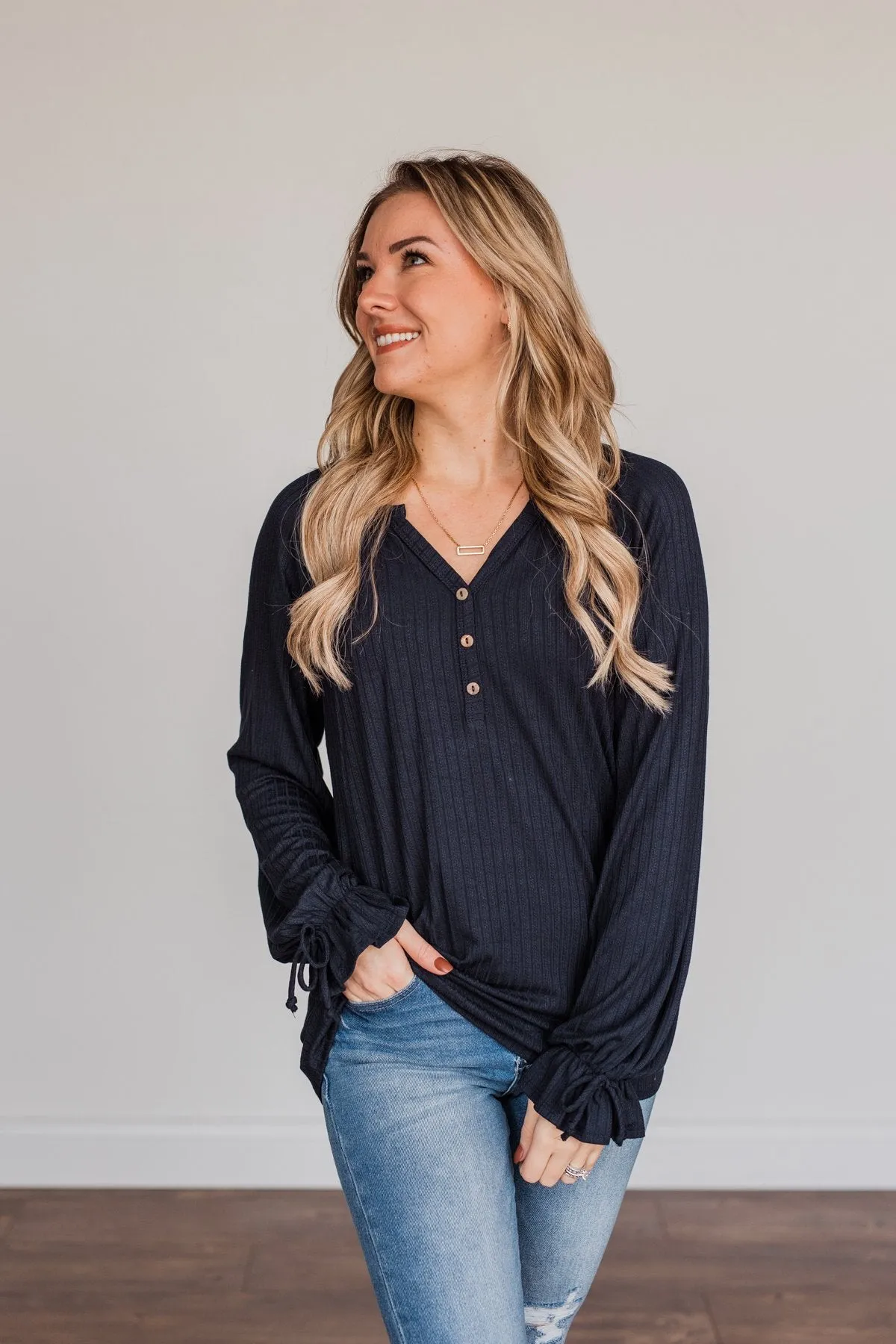 Buttoned Navy Knit Top