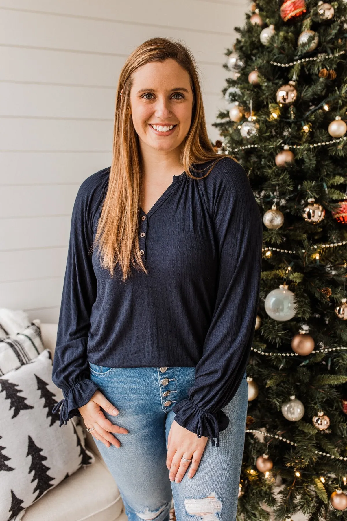 Buttoned Navy Knit Top