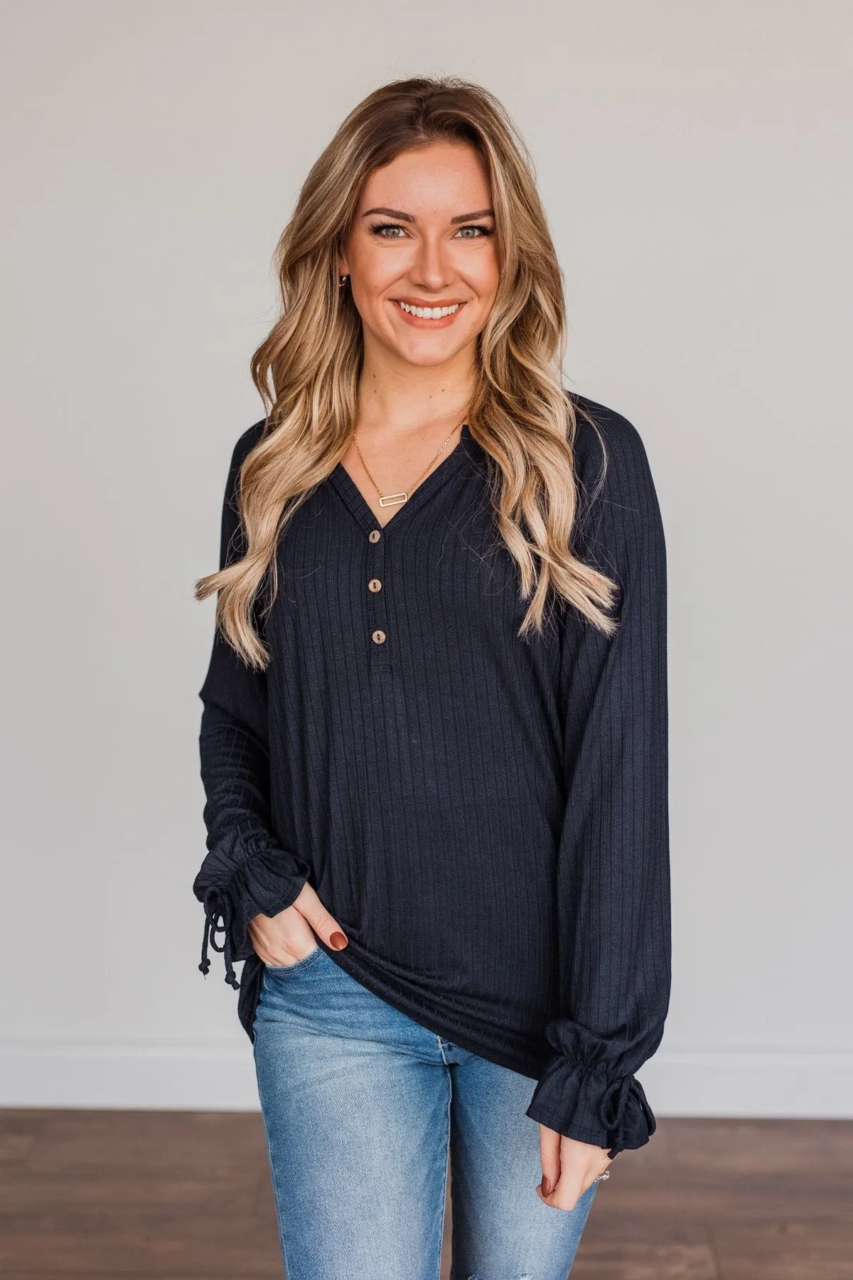 Buttoned Navy Knit Top