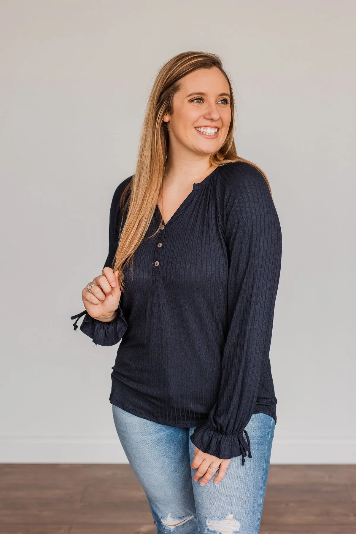 Buttoned Navy Knit Top