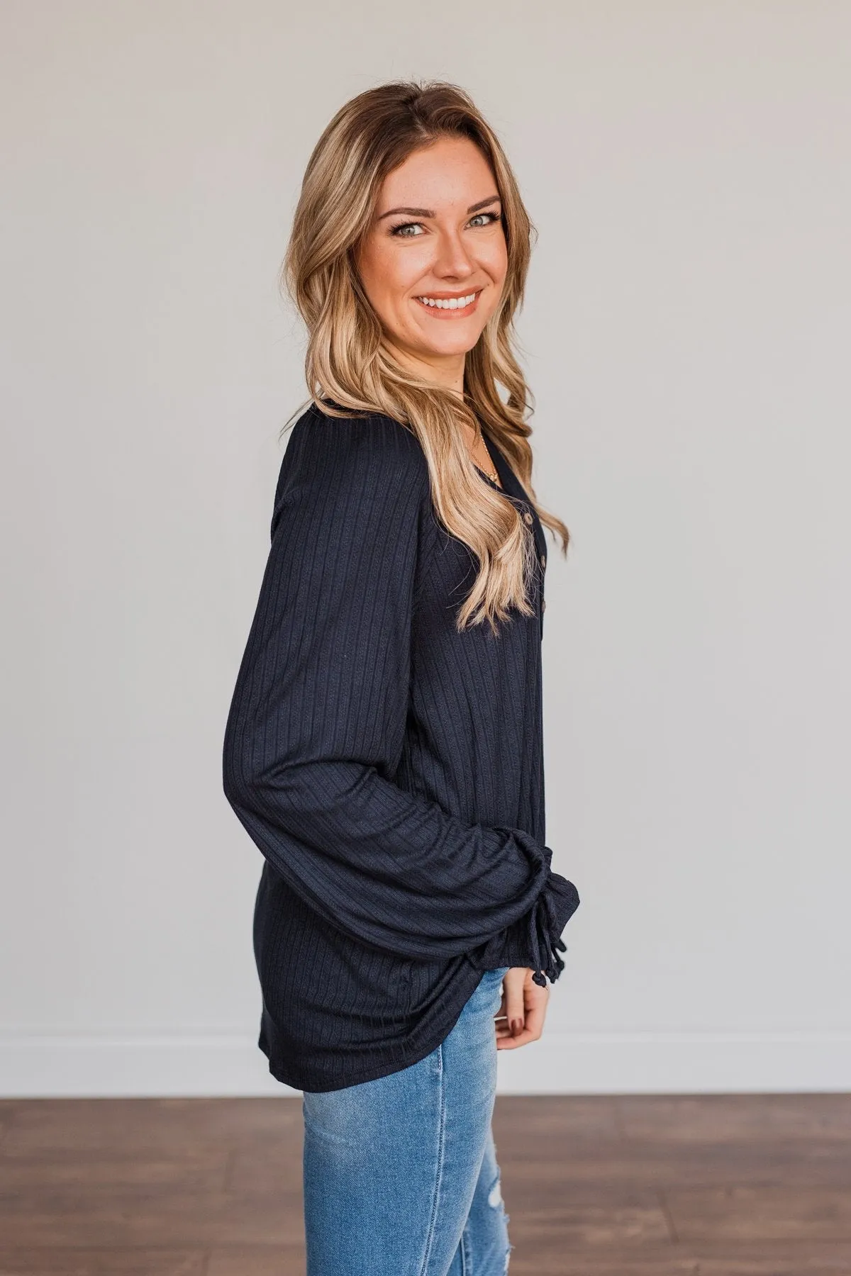 Buttoned Navy Knit Top