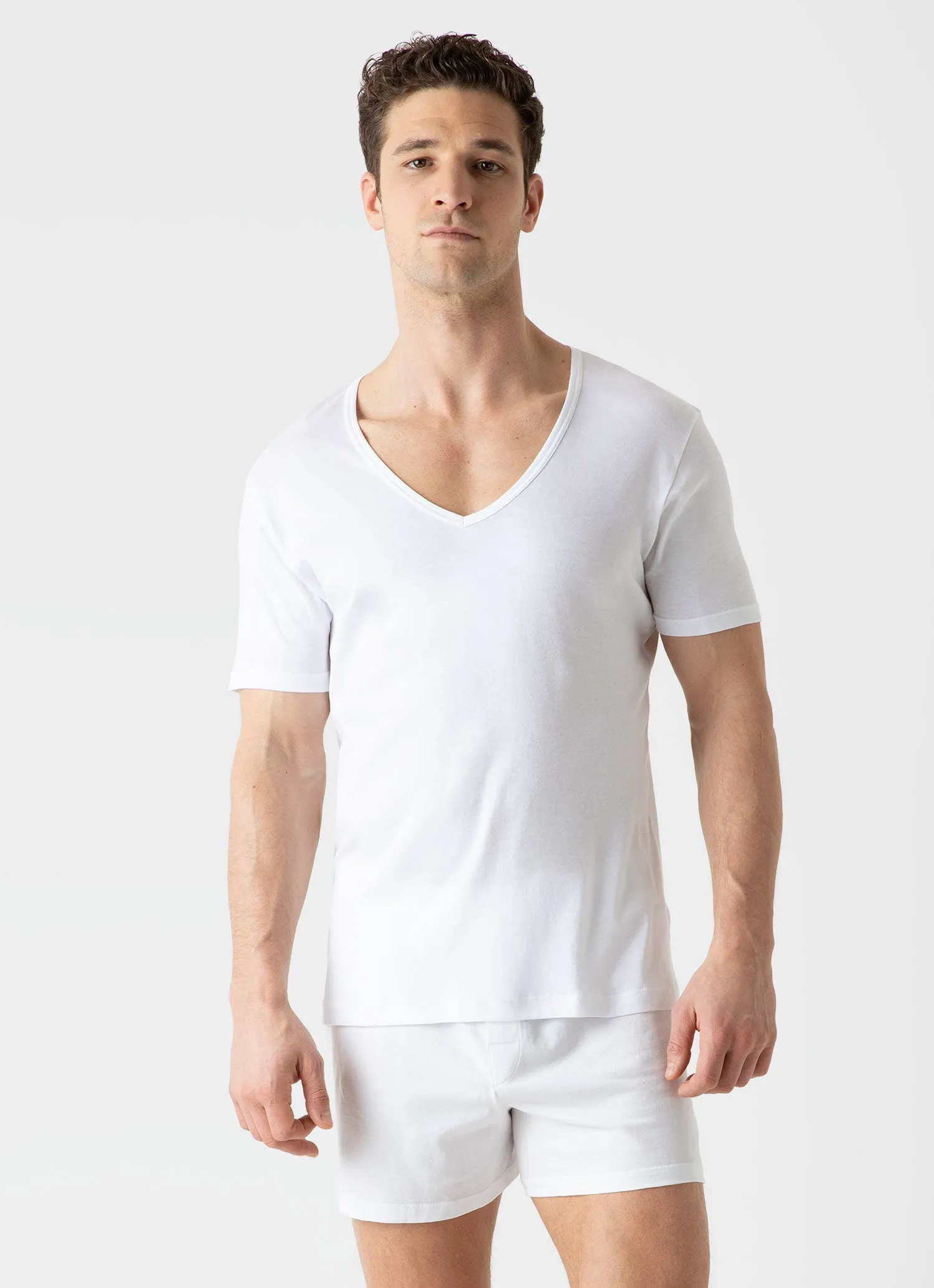 Sea Island Cotton V-neck T-shirt for Men in White