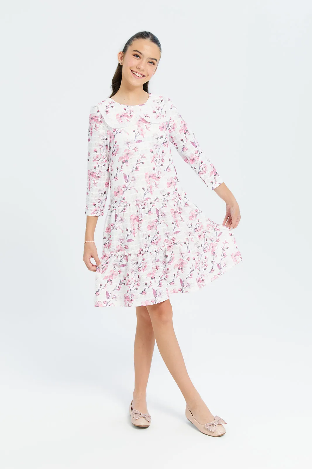 Senior Girls White And Pink Floral Peter Pan Collar Dress