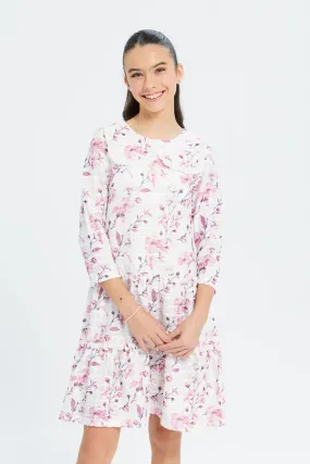 Senior Girls White And Pink Floral Peter Pan Collar Dress