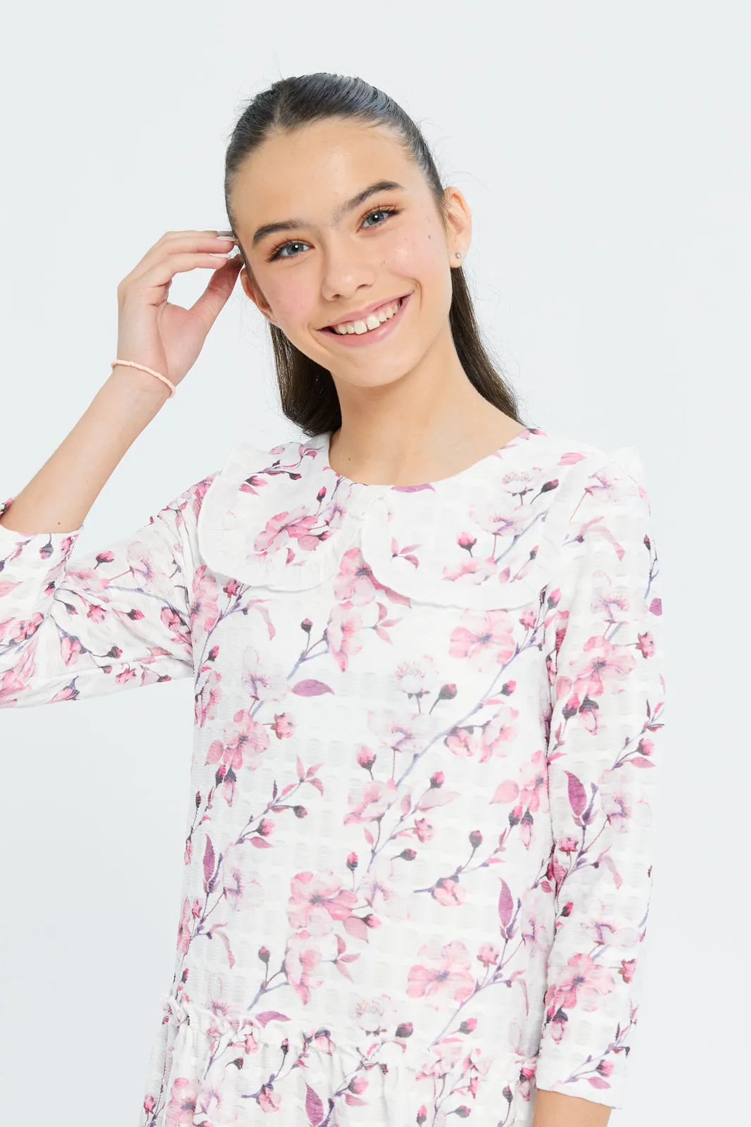 Senior Girls White And Pink Floral Peter Pan Collar Dress