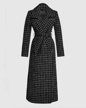 SENTALER Black Check Maxi Notched Collar Wrap Coat