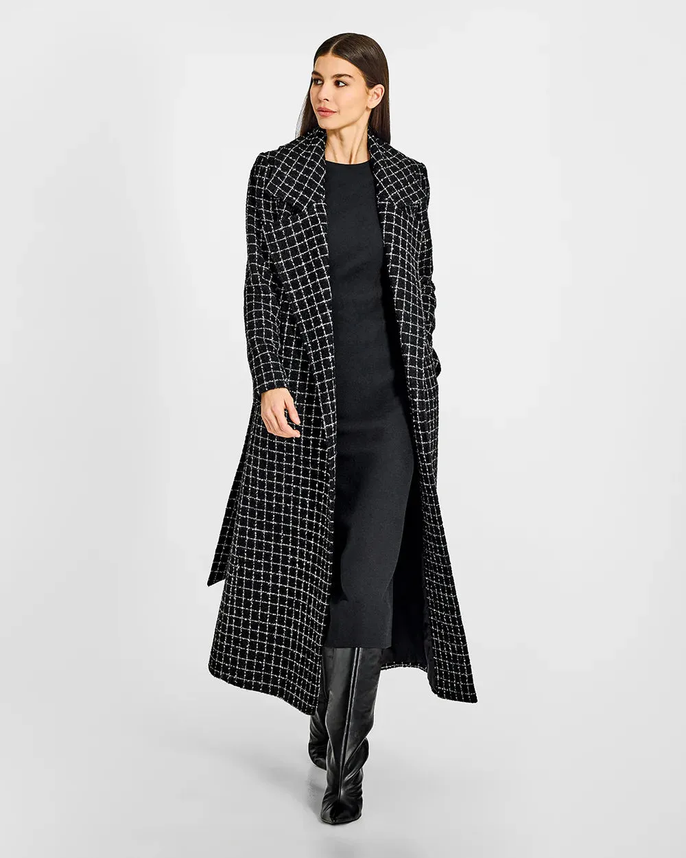 SENTALER Black Check Maxi Notched Collar Wrap Coat