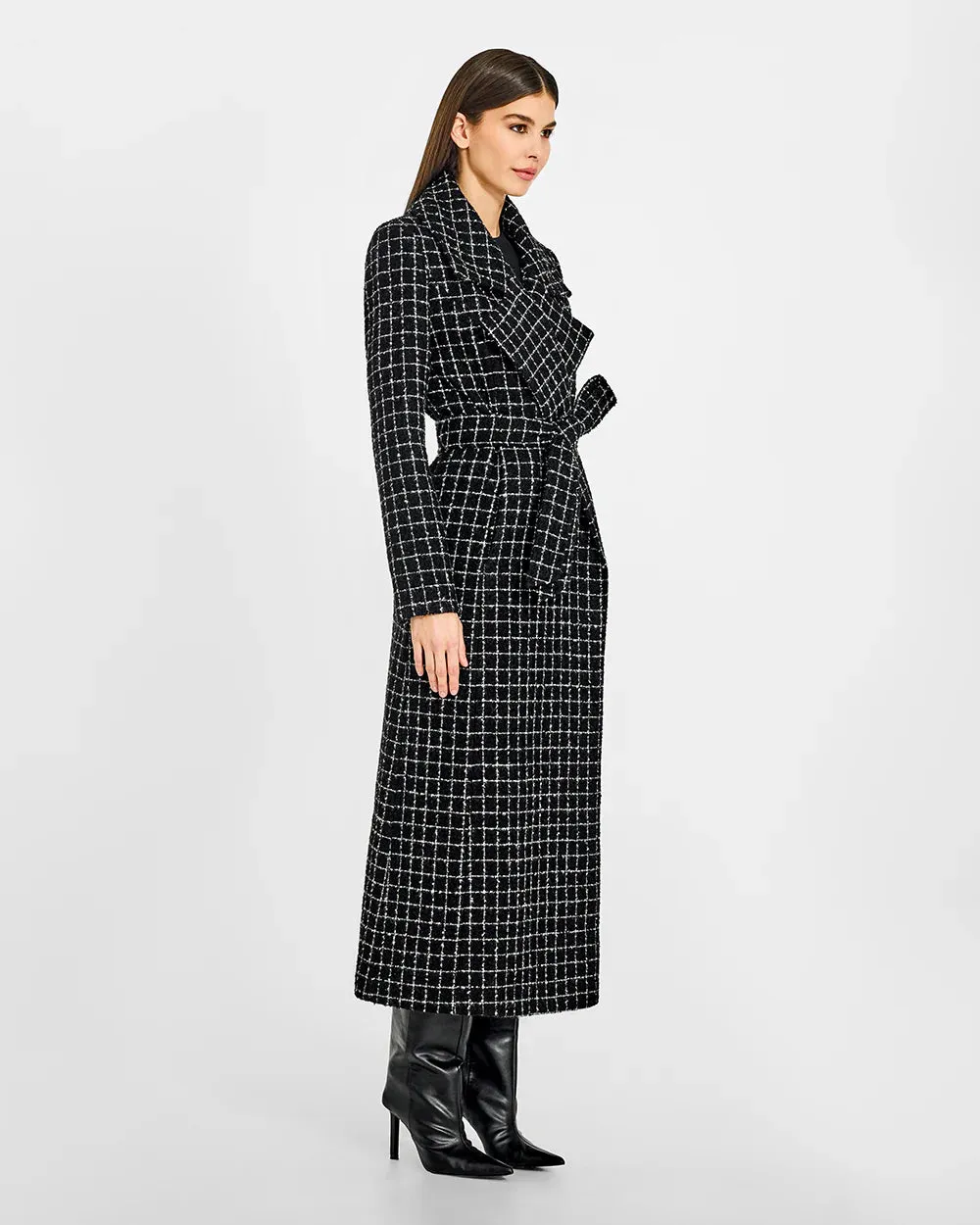 SENTALER Black Check Maxi Notched Collar Wrap Coat