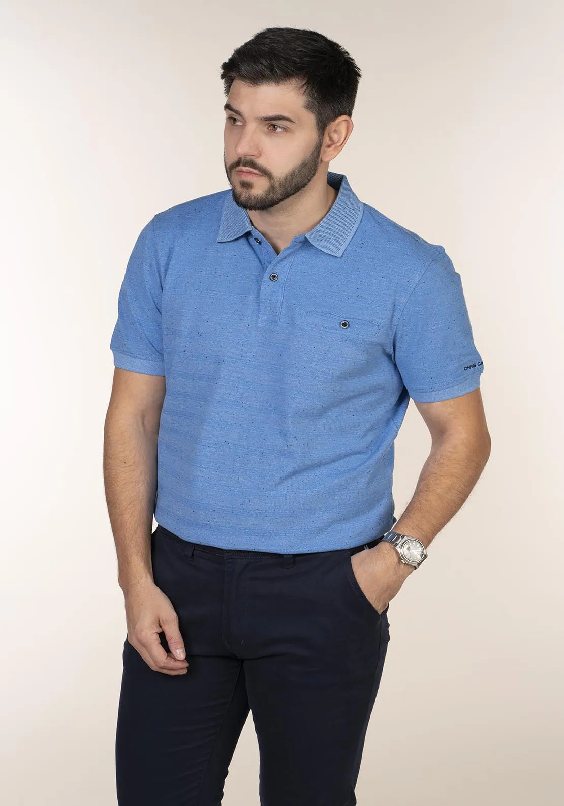 Blue Short Sleeve Slub Polo