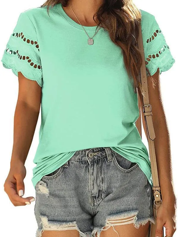 Short-Sleeved Women's Knit Top with Solid Lace