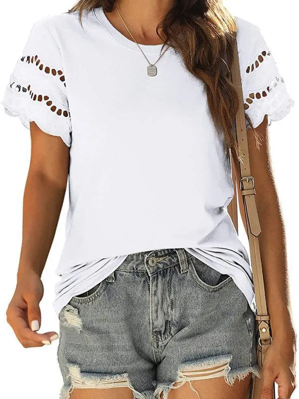 Short-Sleeved Women's Knit Top with Solid Lace