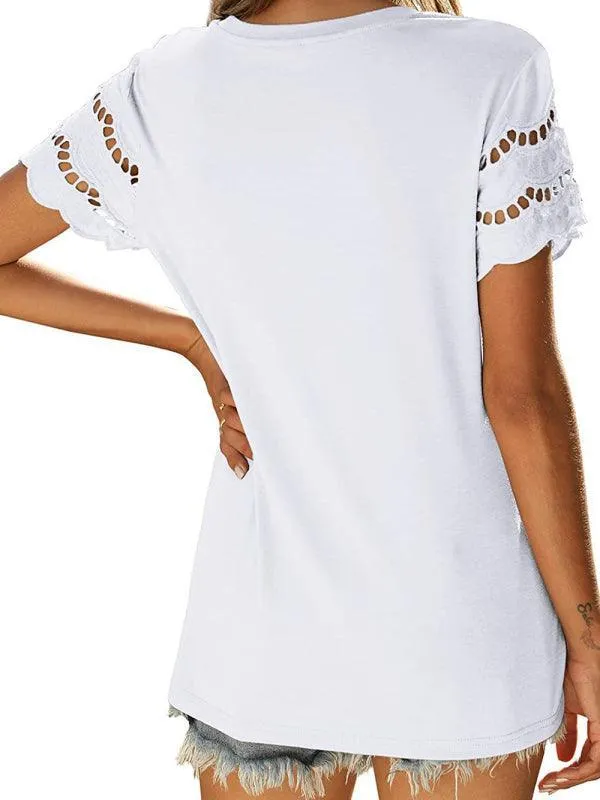 Short-Sleeved Women's Knit Top with Solid Lace