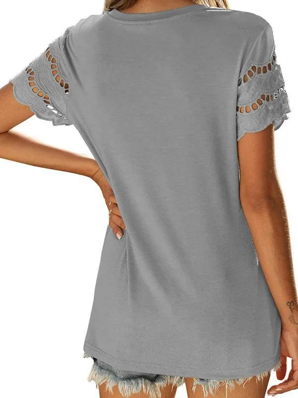 Short-Sleeved Women's Knit Top with Solid Lace