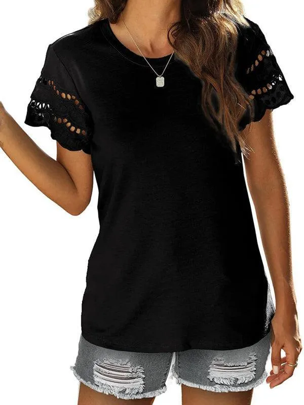 Short-Sleeved Women's Knit Top with Solid Lace