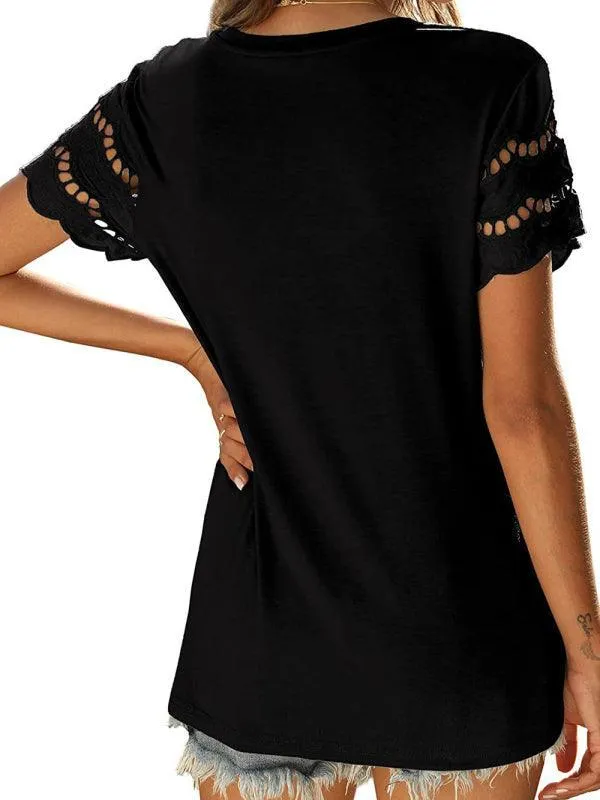 Short-Sleeved Women's Knit Top with Solid Lace