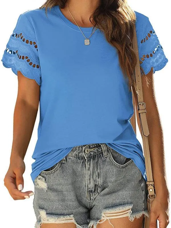 Short-Sleeved Women's Knit Top with Solid Lace