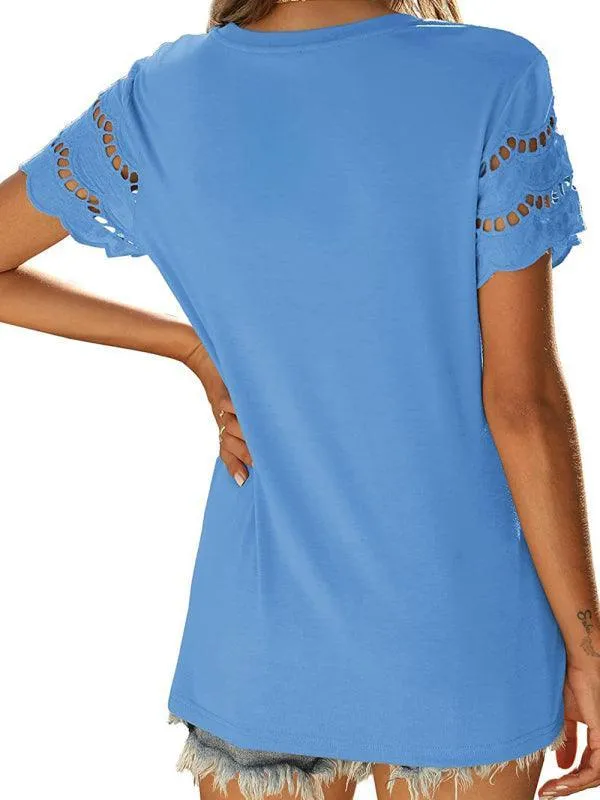 Short-Sleeved Women's Knit Top with Solid Lace