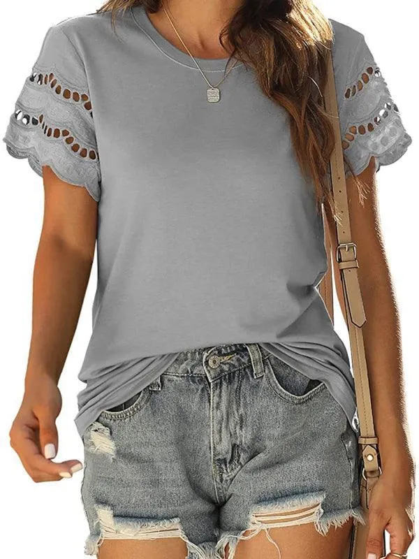 Short-Sleeved Women's Knit Top with Solid Lace