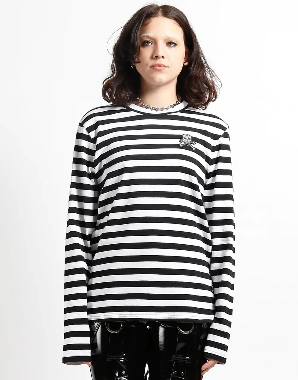 Black and White Skull Print Striped Knit Top