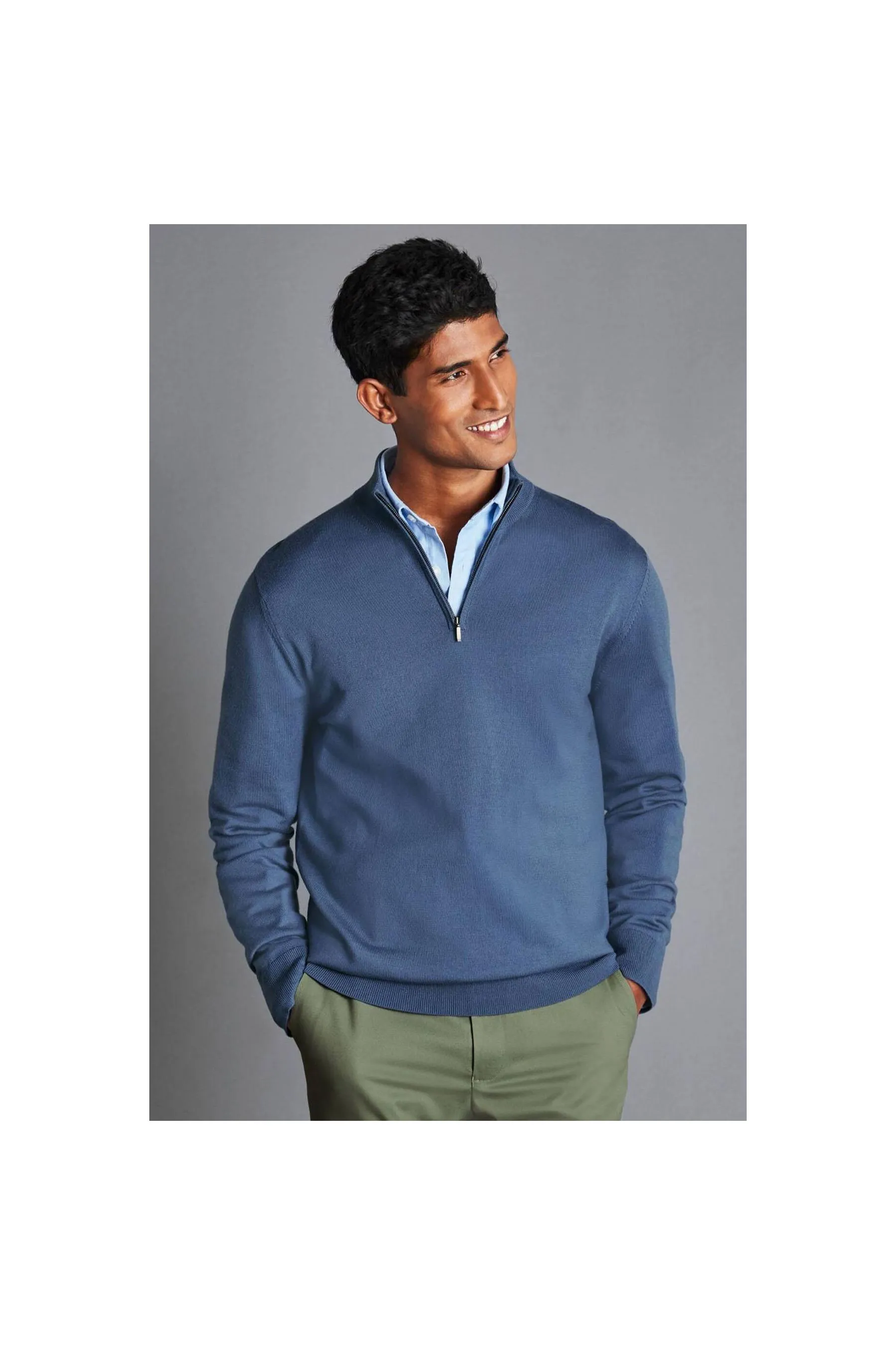 Steel Blue Pure Merino Zip Neck Jumper - Navy men's jumper by CHARLES TYRWHITT