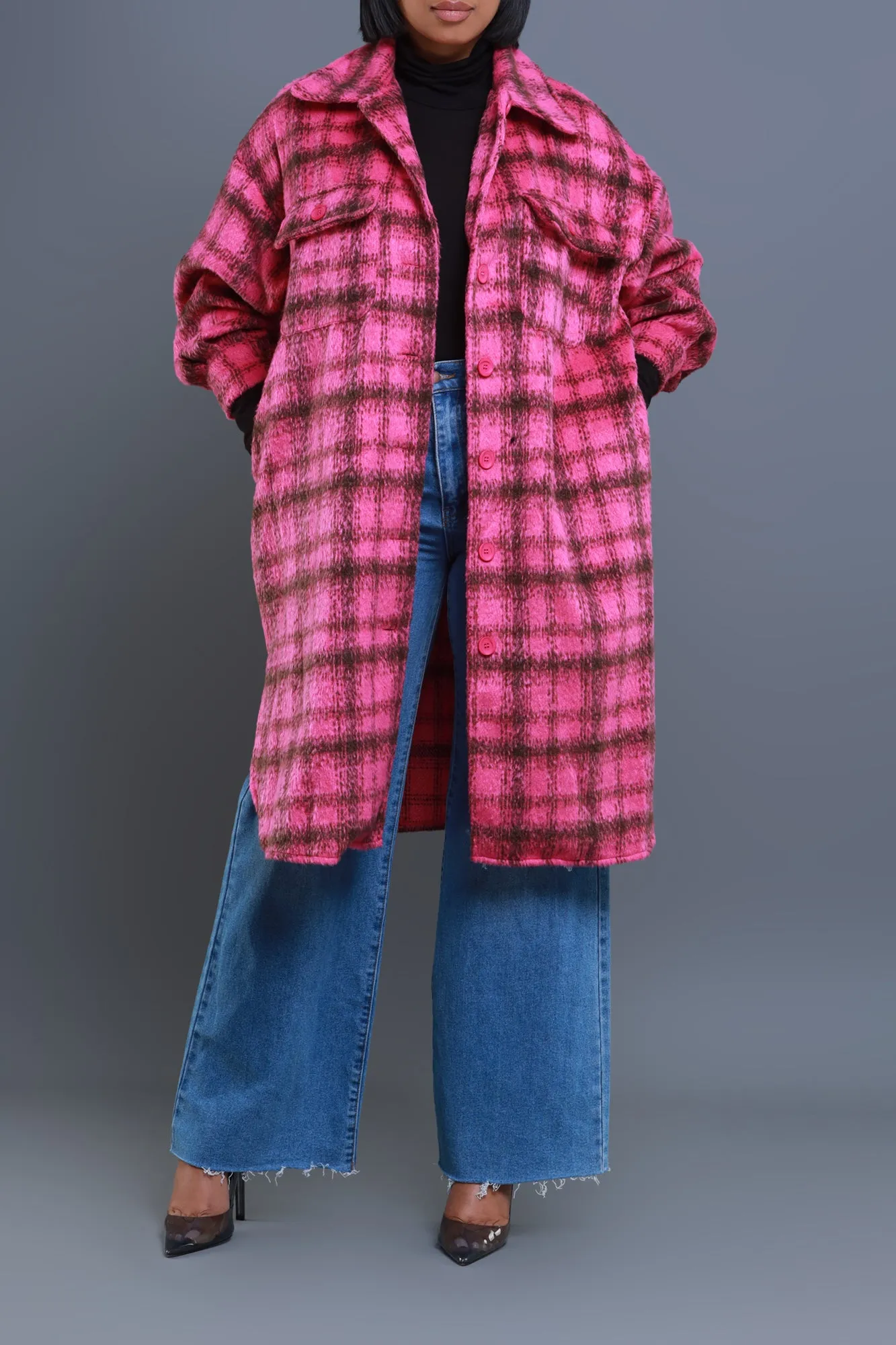 Pink Oversized Flannel Coat