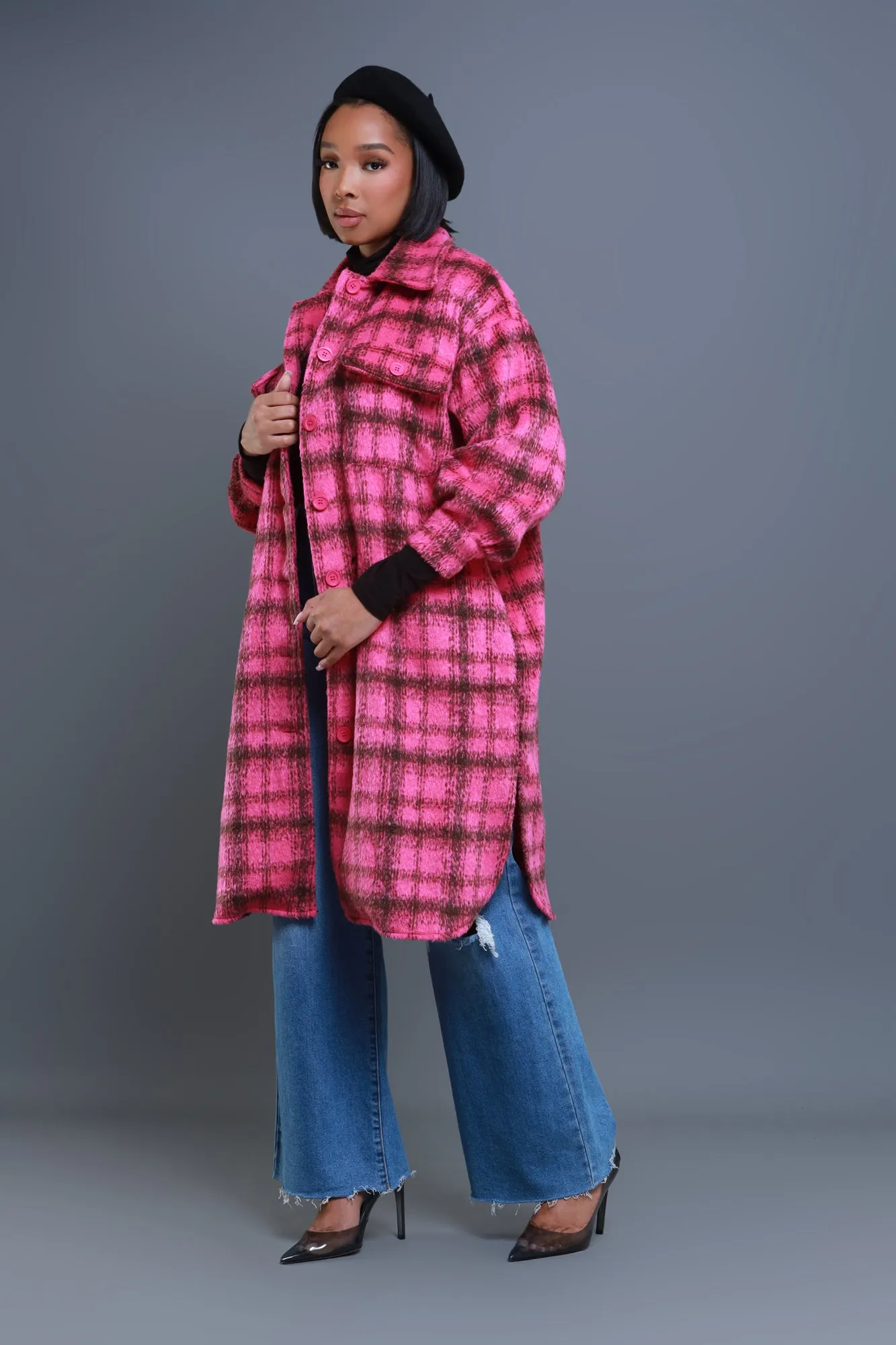 Pink Oversized Flannel Coat