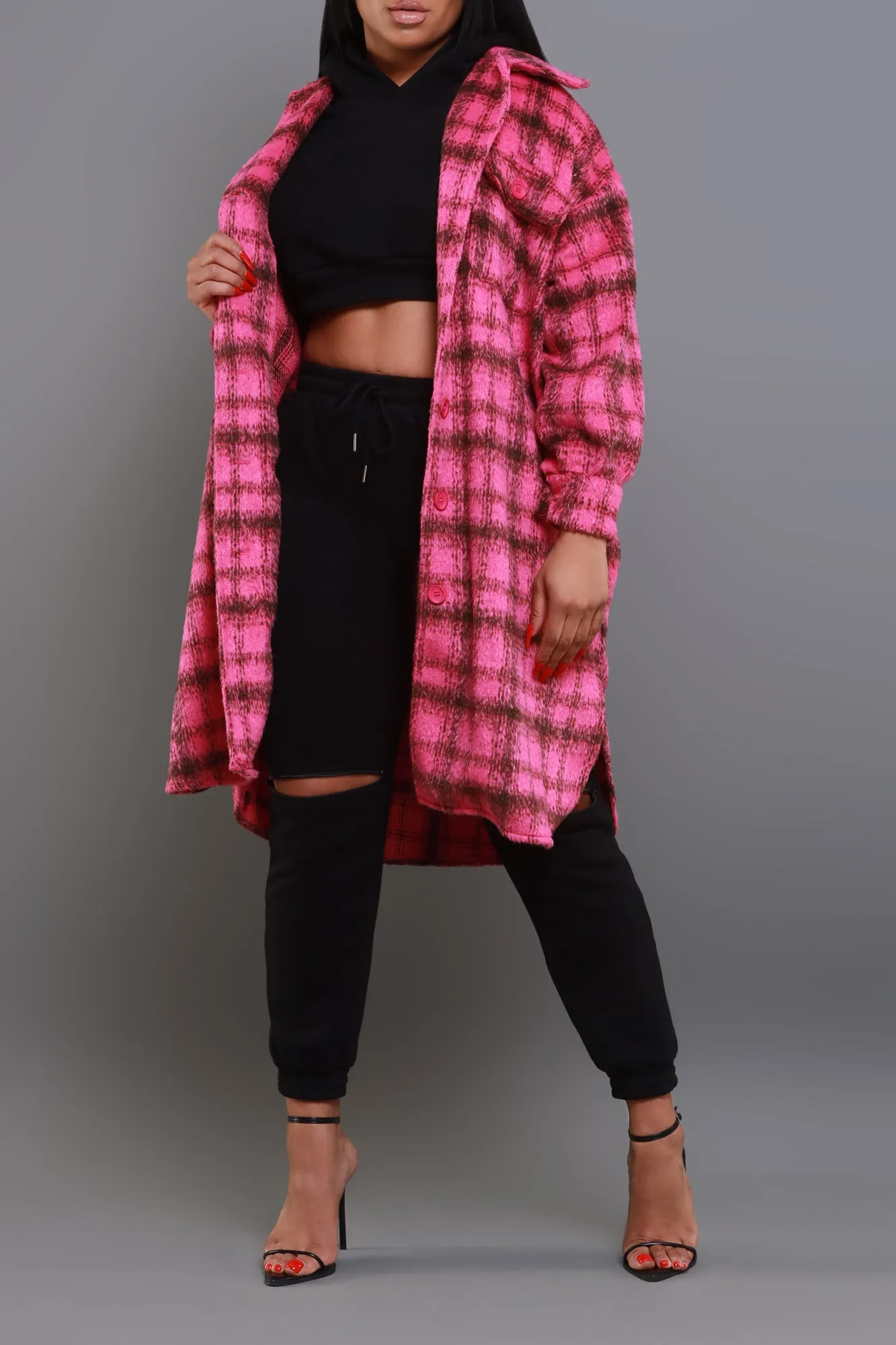 Pink Oversized Flannel Coat