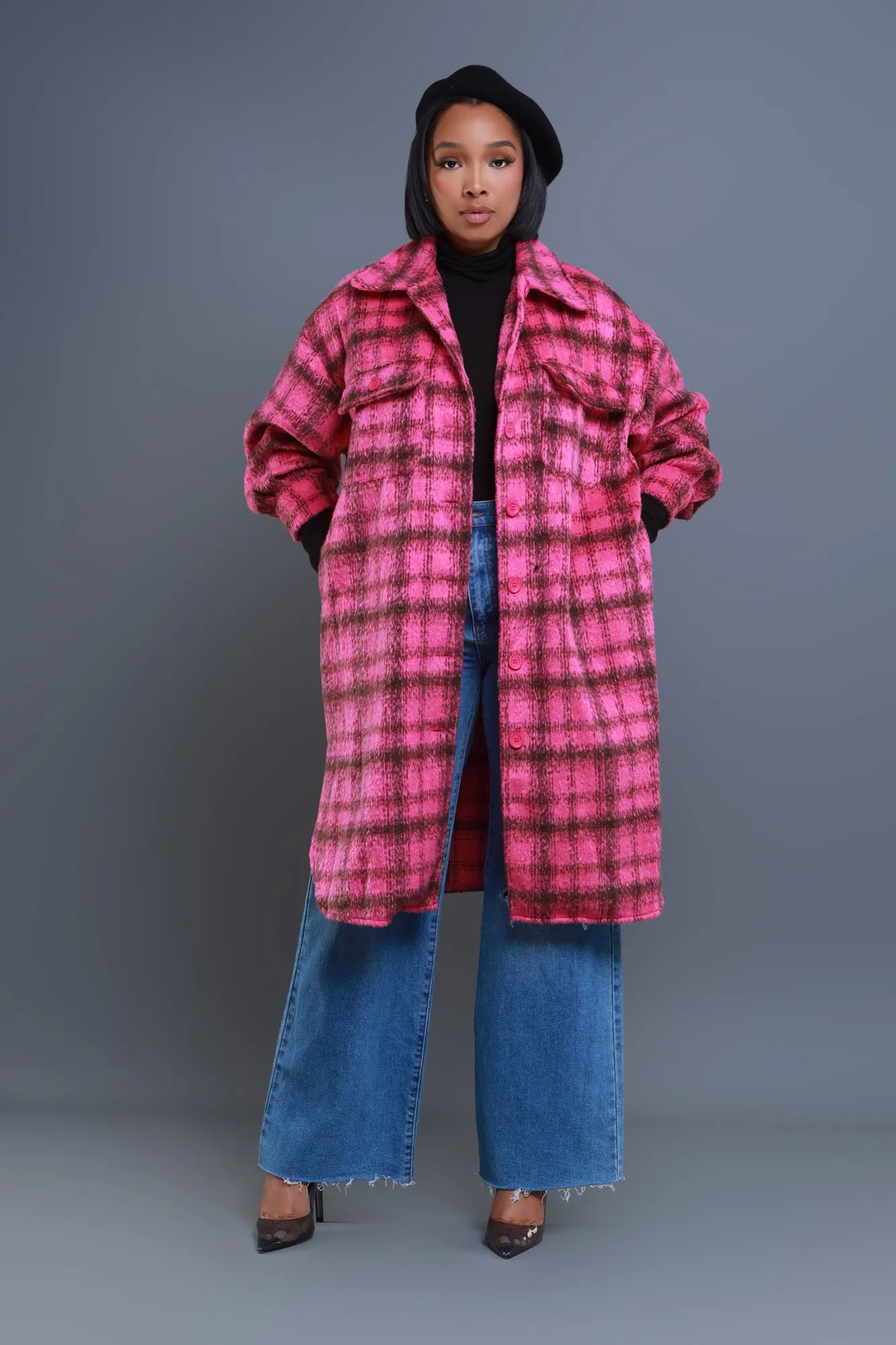 Pink Oversized Flannel Coat