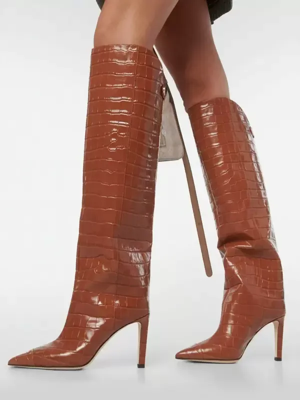 Stone Pattern Pointed Toe High Heel Knee-High Boots