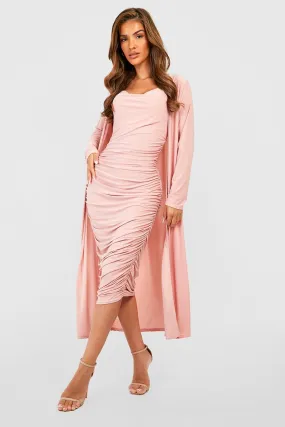 Strappy Cowl Neck Midi Dress And Duster Coat