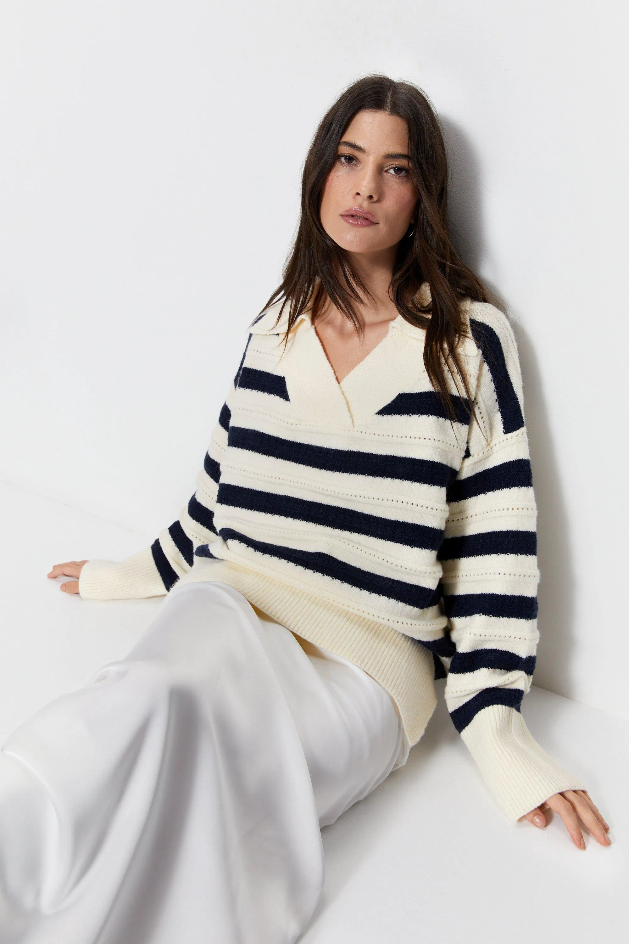 Striped Collared Oversized Jumper - Warehouse