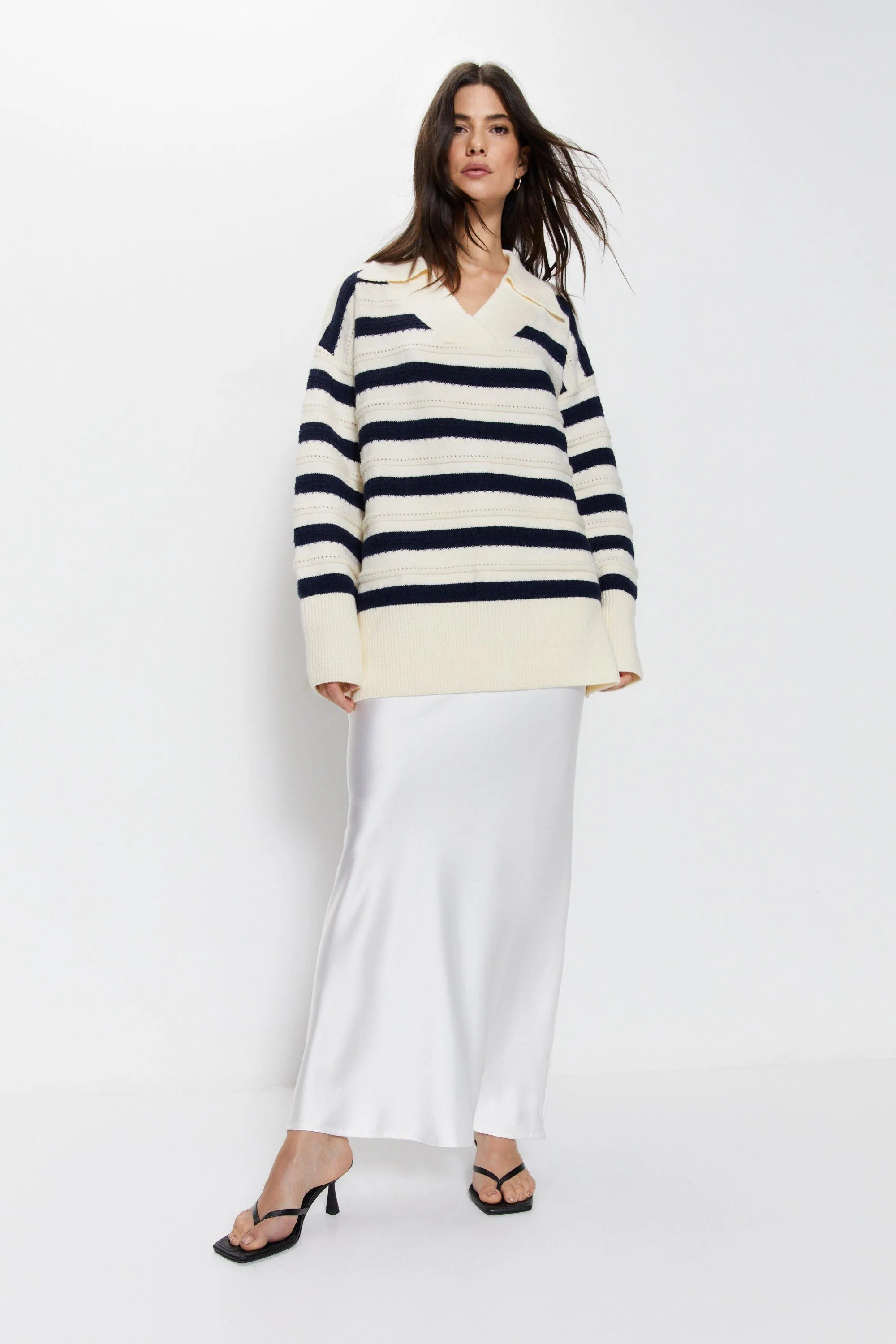 Striped Collared Oversized Jumper - Warehouse