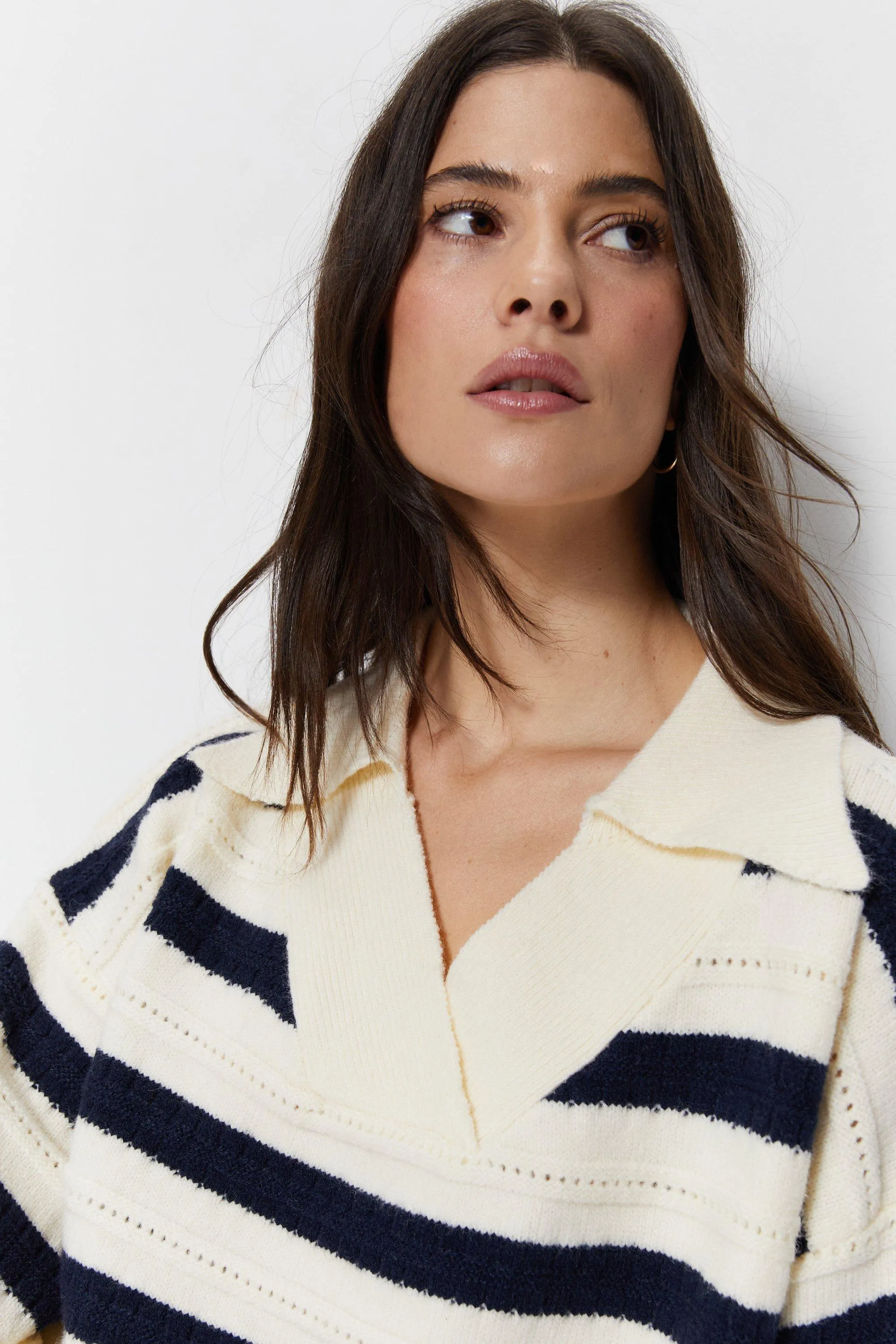 Striped Collared Oversized Jumper - Warehouse